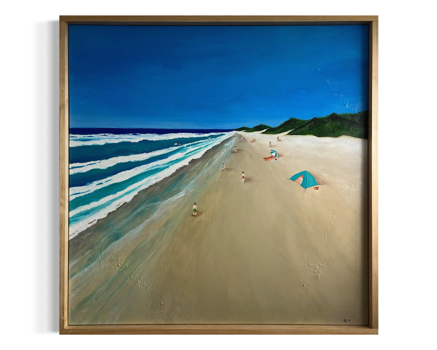 Original acrylic painting on canvas of a beachwalk through Torquay, with swimmers in the clear water and others relaxing on the sandy shore. The scene captures the tranquil coastal atmosphere, with soft waves and a warm, sunlit setting. The artwork is framed with a natural pine timber border.