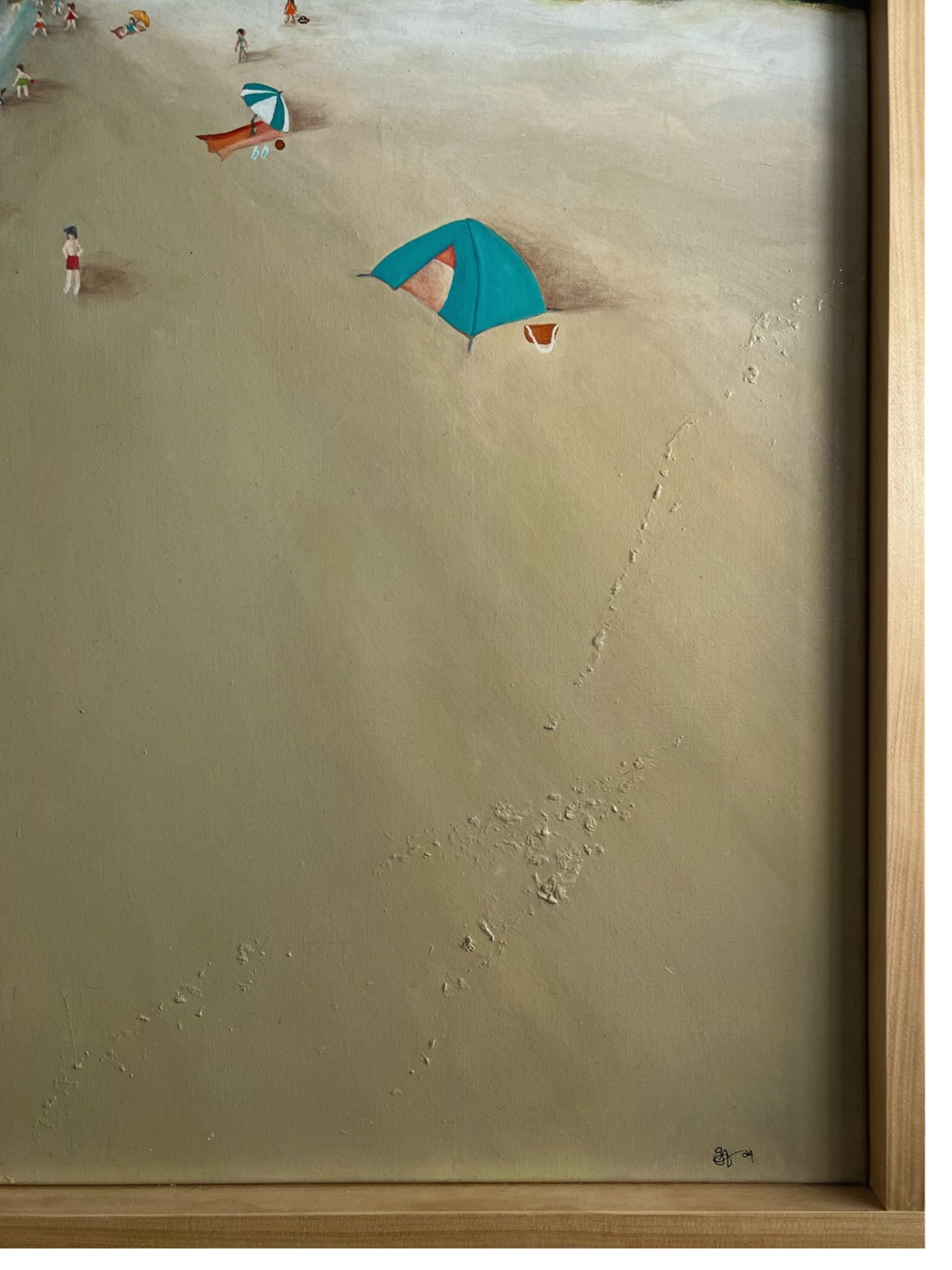 Original acrylic painting on canvas of a beachwalk through Torquay, with swimmers in the clear water and others relaxing on the sandy shore. The scene captures the tranquil coastal atmosphere, with soft waves and a warm, sunlit setting. The artwork is framed with a natural pine timber border close-up.
