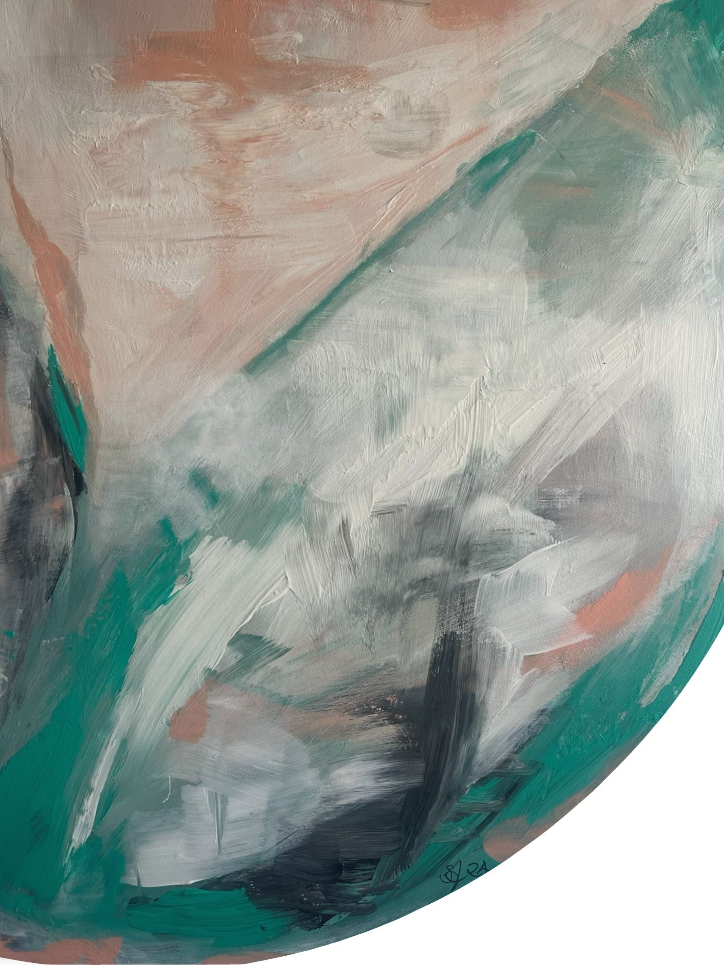 Original hand painted pastel artwork on canvas, featuring soft, flowing colours in gentle pinks, blues and whites. The abstract composition evokes a serene, dream-like atmosphere, with smooth gradients and subtle transitions that create a sense of calm and tranquility close-up.