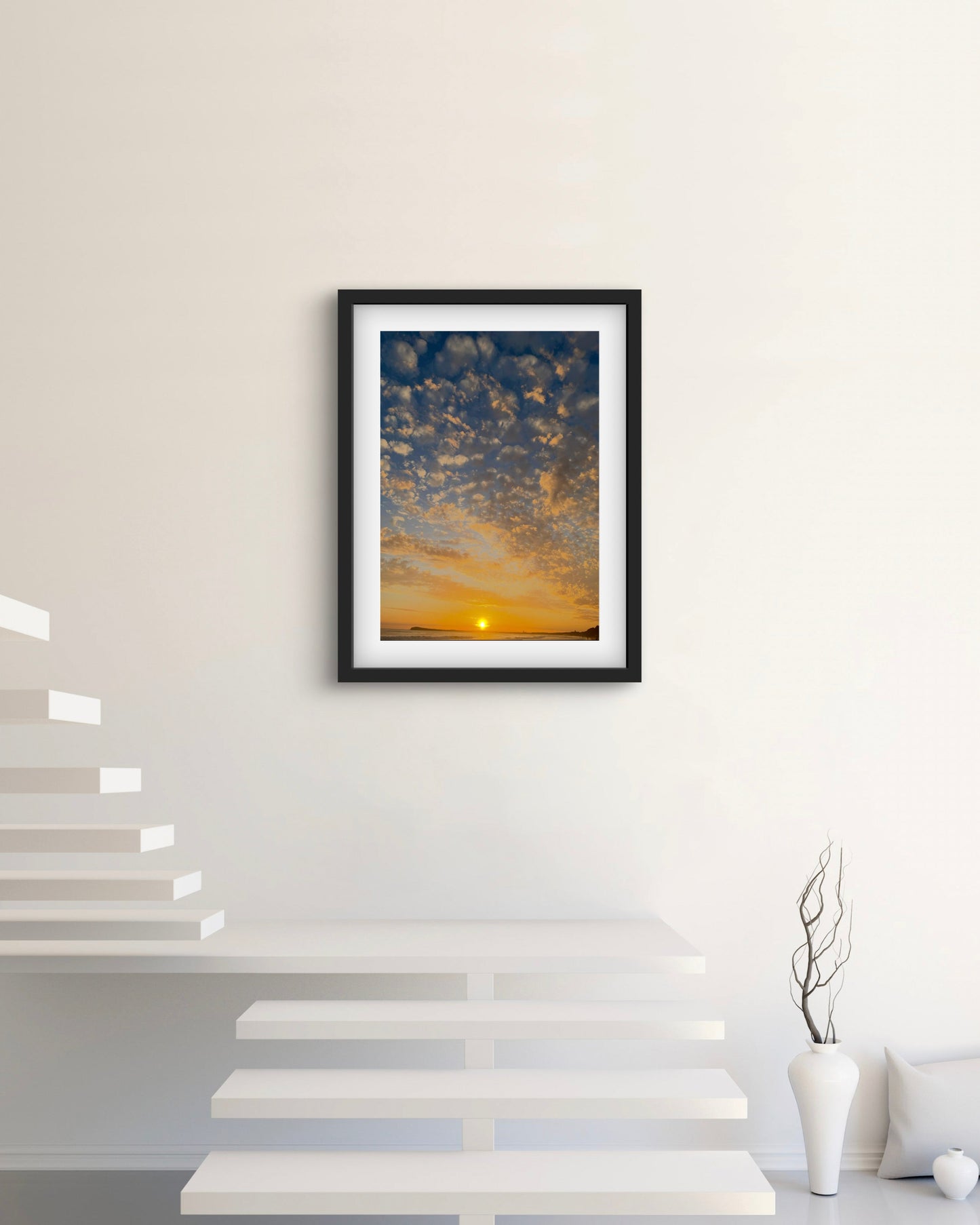 A high quality photograph of an Aussie night sunset, showcasing the stunning contrast between the vibrant sun and the blue sky. The image captures the beauty of Australia's coastal landscape. Printed on premium material for a refined and elegant finish.