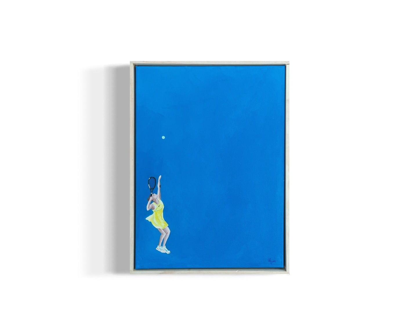 Acrylic painting on canvas depicting Aryna Sabalenka serving a tennis ball during a match at the Australian Open. She is captured mid-motion, poised and focused, with her left hand throwing the ball and her racket raised in preparation to strike. The vivid blue court beneath her adds a sense of energy and focus to the action.