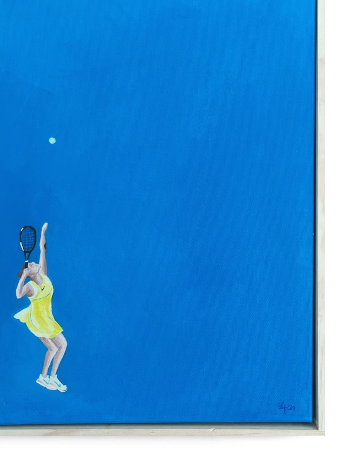 Acrylic painting on canvas depicting Aryna Sabalenka serving a tennis ball during a match at the Australian Open. She is captured mid-motion, poised and focused, with her left hand throwing the ball and her racket raised in preparation to strike. The vivid blue court beneath her adds a sense of energy and focus to the action close-up.