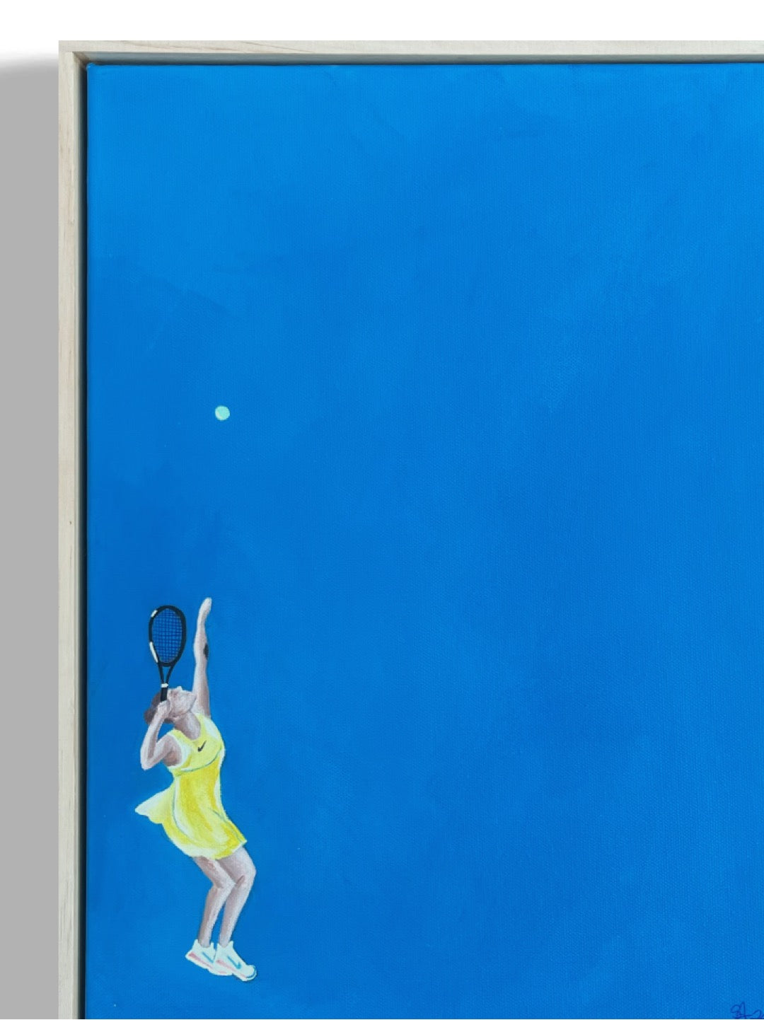 Acrylic painting on canvas depicting Aryna Sabalenka serving a tennis ball during a match at the Australian Open. She is captured mid-motion, poised and focused, with her left hand throwing the ball and her racket raised in preparation to strike. The vivid blue court beneath her adds a sense of energy and focus to the action close-up.