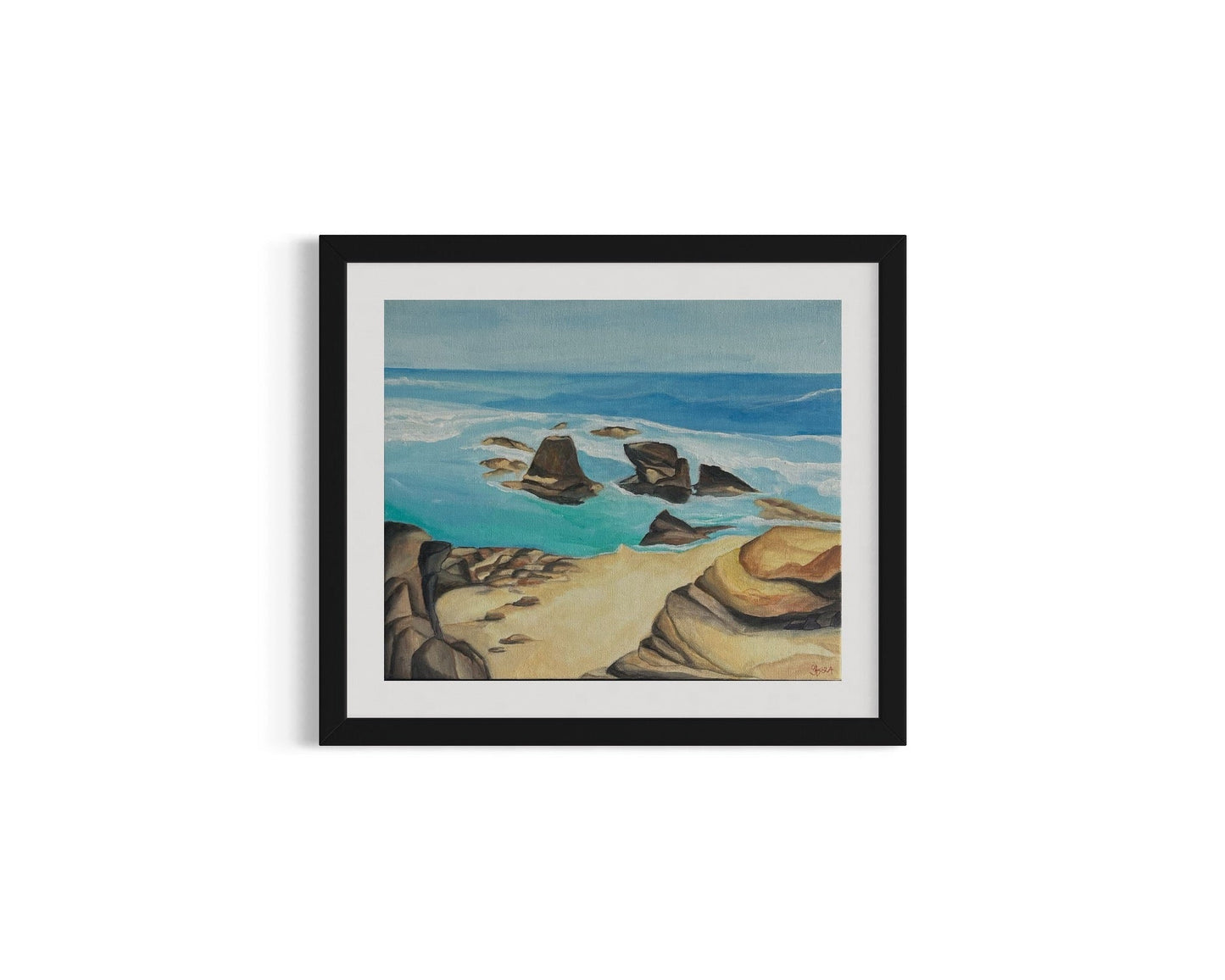 Original hand painted acrylic and watercolour painting on canvas panel of a dramatic cliffside in Torquay. The towering cliffs rise against a vast sky, with rugged textures and earthy tones, capturing the natural beauty and power of the coastal landscape.