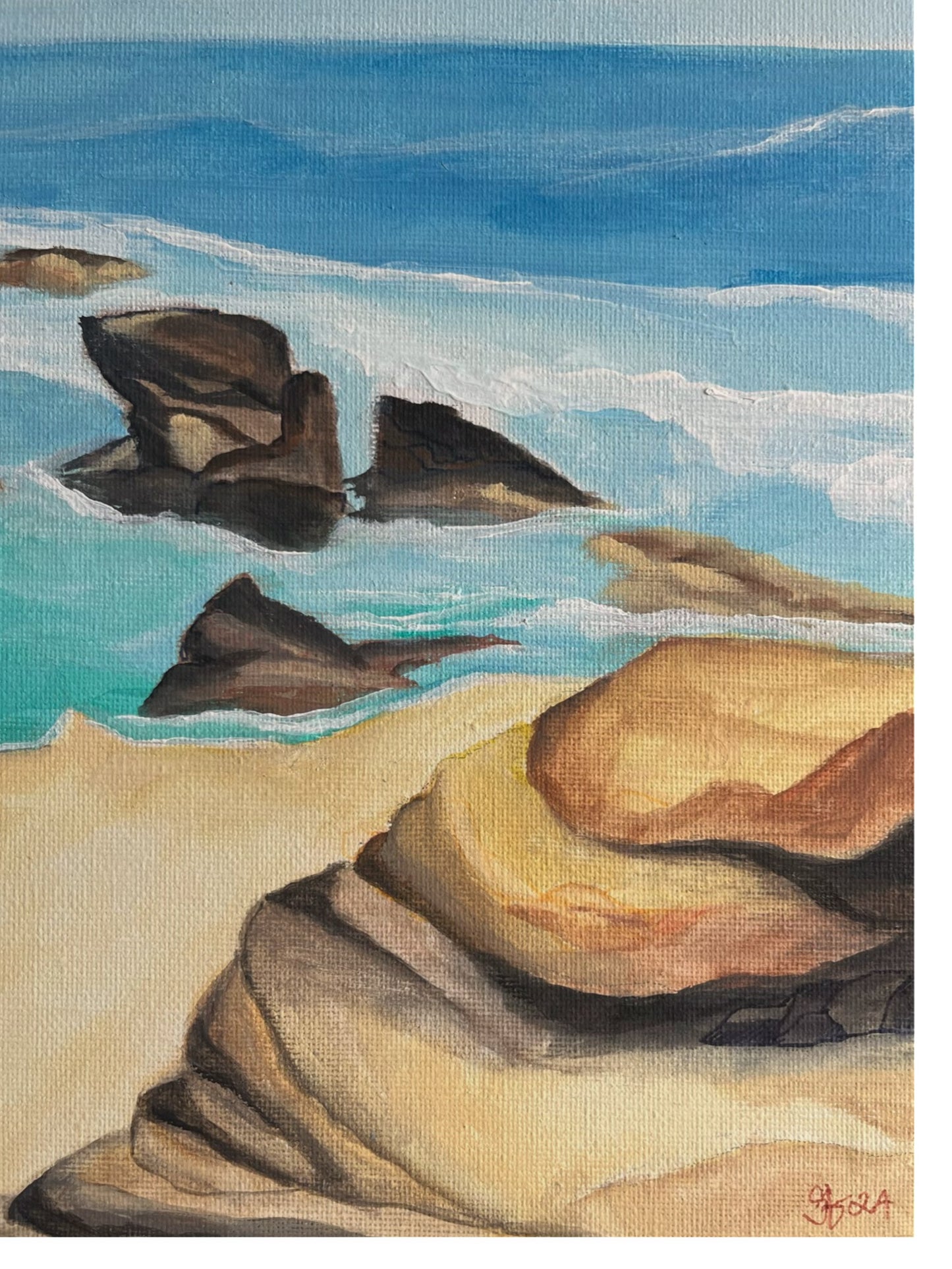 Original hand painted acrylic and watercolour painting on canvas panel of a dramatic cliffside in Torquay. The towering cliffs rise against a vast sky, with rugged textures and earthy tones, capturing the natural beauty and power of the coastal landscape close-up.