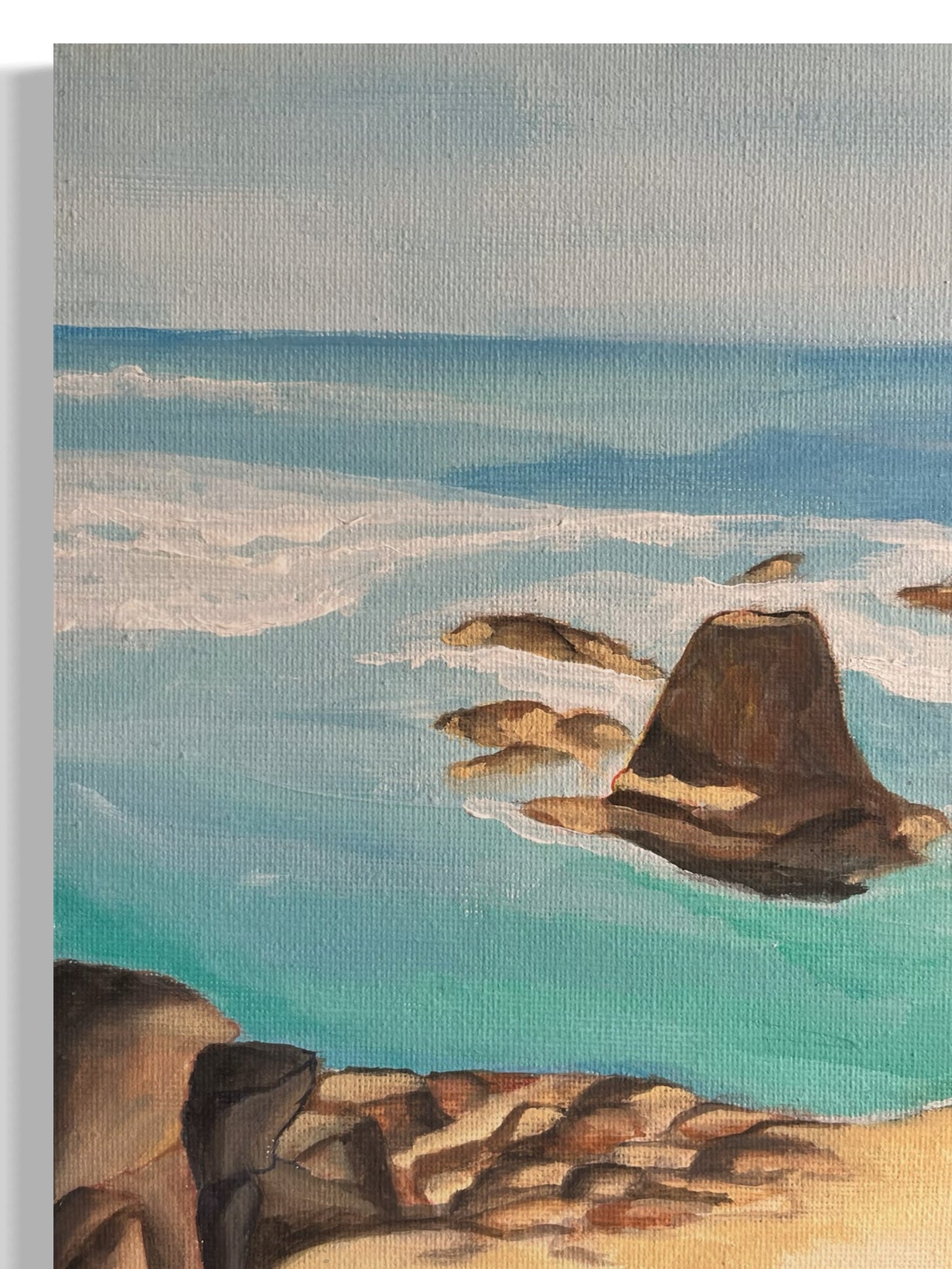 Original hand painted acrylic and watercolour painting on canvas panel of a dramatic cliffside in Torquay. The towering cliffs rise against a vast sky, with rugged textures and earthy tones, capturing the natural beauty and power of the coastal landscape close-up.