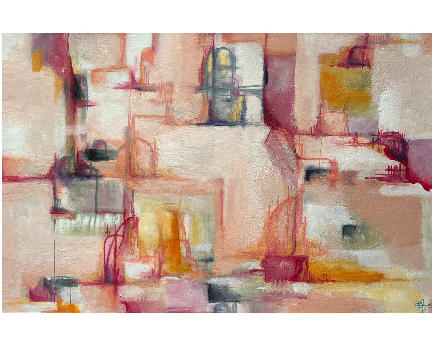 High quality print of an original hand painted abstract artwork of doors. Bold lines, vibrant colours and dynamic shapes evoke a sense of mystery and transformation. Printed on premium material with a natural pine timber border for a sophisticated finish.