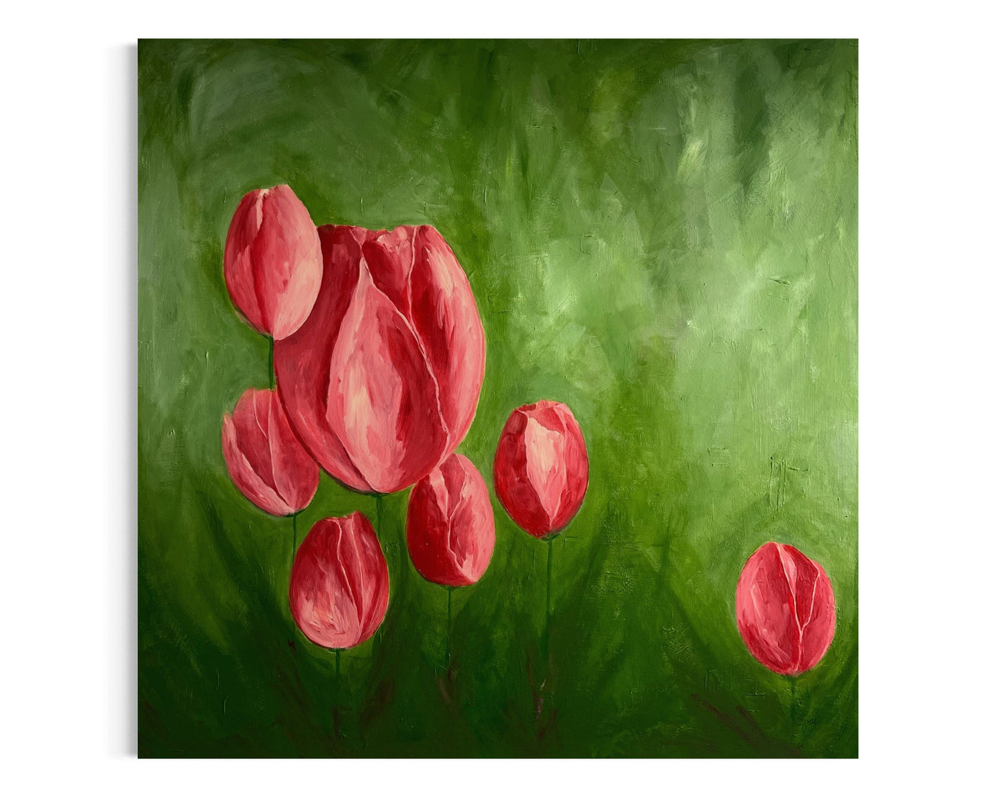 Original hand painted abstract artwork of a field of tulips, with bold strokes of red and pink flowers set against a vibrant green background. The dynamic composition captures the energy and beauty of the flowers through expressive shapes and vivid colours.