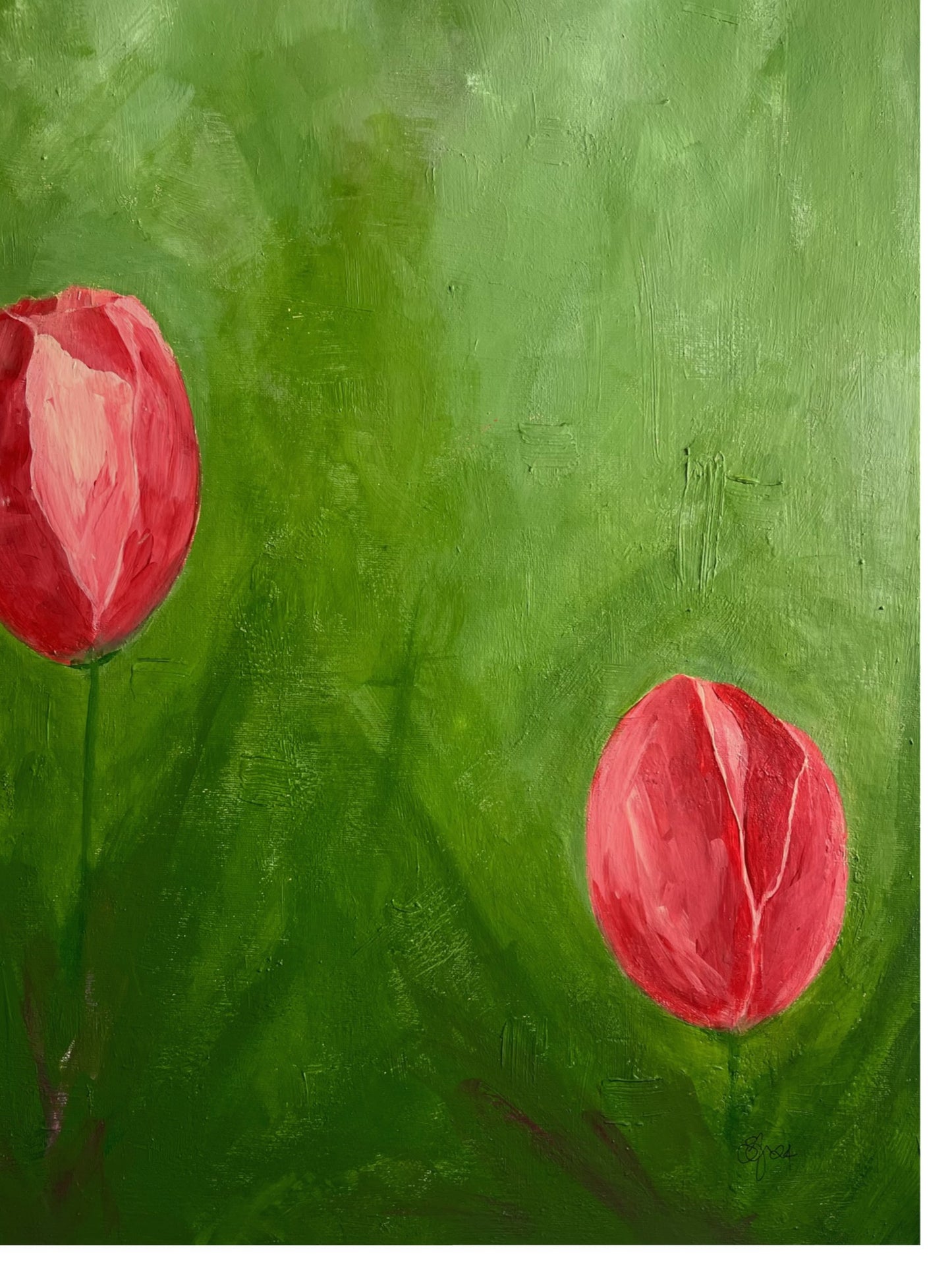 Original hand painted abstract artwork of a field of tulips, with bold strokes of red and pink flowers set against a vibrant green background. The dynamic composition captures the energy and beauty of the flowers through expressive shapes and vivid colours close-up.