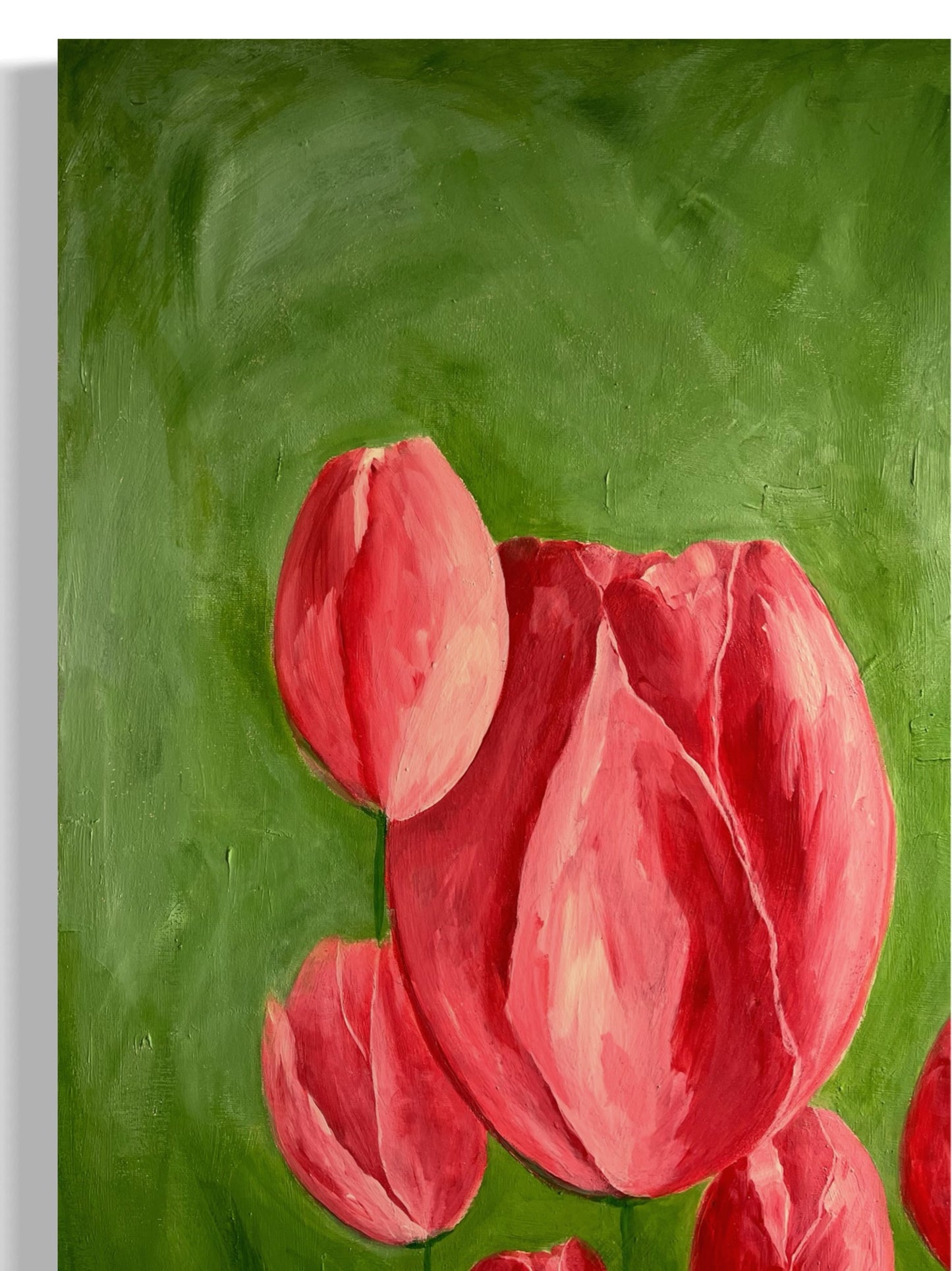 Original hand painted abstract artwork of a field of tulips, with bold strokes of red and pink flowers set against a vibrant green background. The dynamic composition captures the energy and beauty of the flowers through expressive shapes and vivid colours close-up.