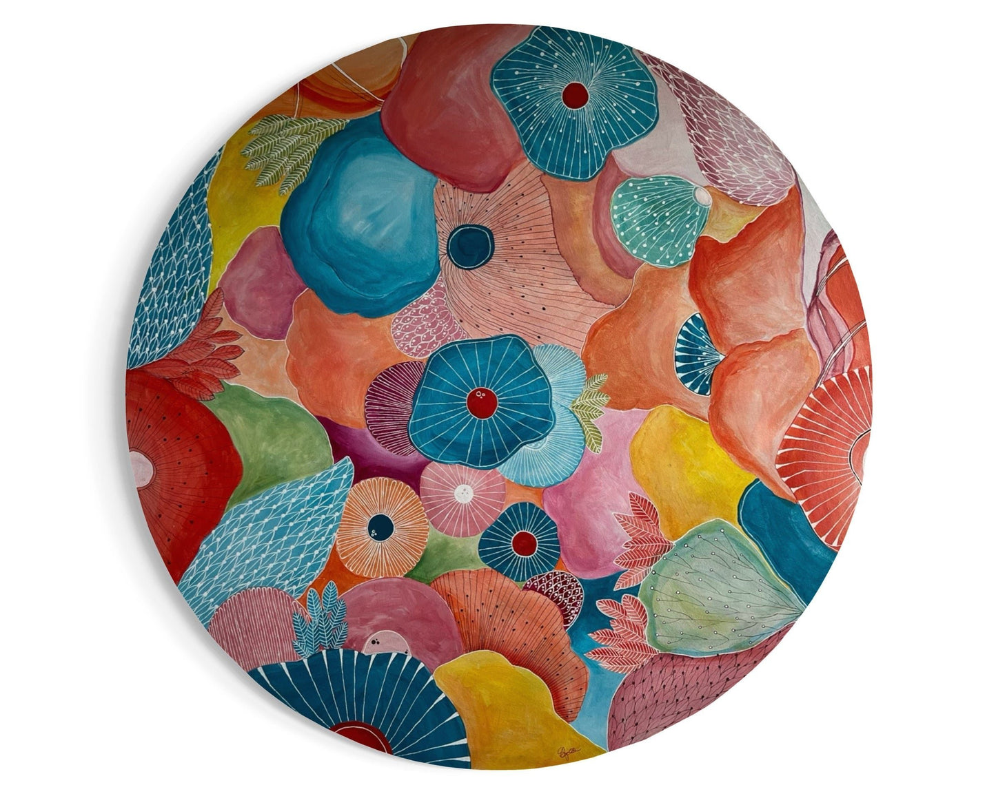 Original hand painted acrylic painting on canvas of an abstract floral scene. Bold splashes of pinks, reds, yellows, greens, orange and blues blend with soft, flowing shapes to evoke the essence of flowers in an energetic and dynamic composition. The piece emphasises texture and form over realism, creating a vibrant, modern interpretation of nature.