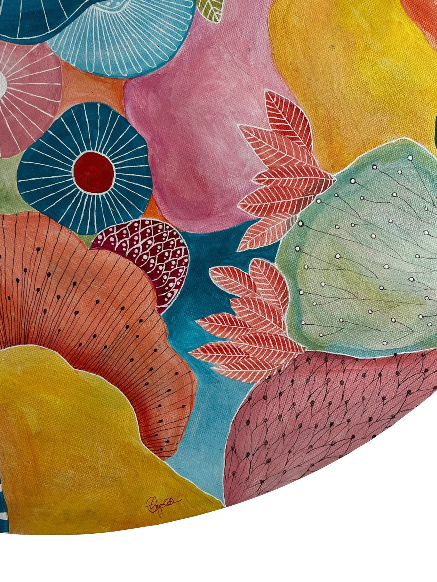 Original hand painted acrylic painting on canvas of an abstract floral scene. Bold splashes of pinks, reds, yellows, greens, orange and blues blend with soft, flowing shapes to evoke the essence of flowers in an energetic and dynamic composition. The piece emphasises texture and form over realism, creating a vibrant, modern interpretation of nature close-up.