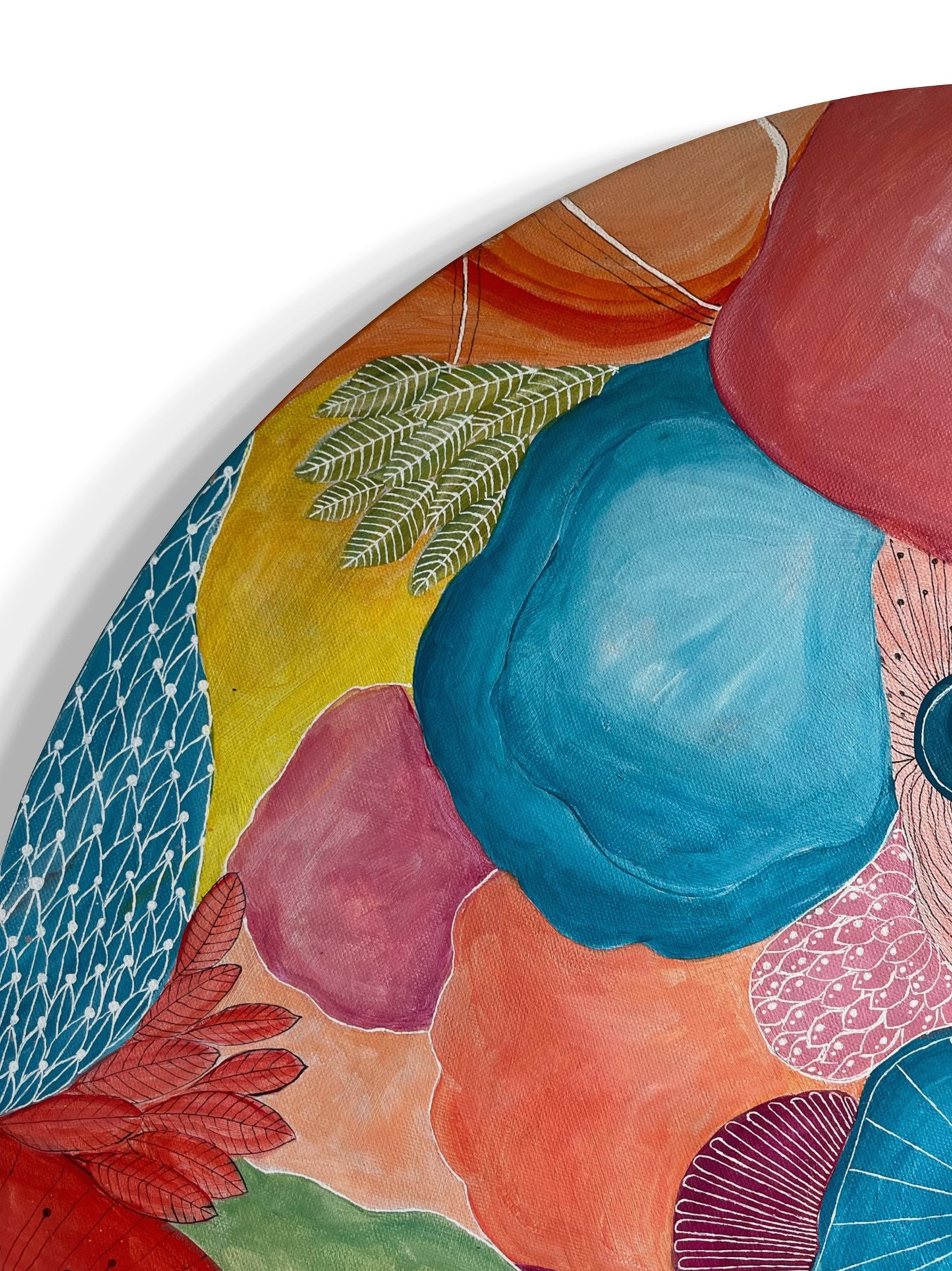 Original hand painted acrylic painting on canvas of an abstract floral scene. Bold splashes of pinks, reds, yellows, greens, orange and blues blend with soft, flowing shapes to evoke the essence of flowers in an energetic and dynamic composition. The piece emphasises texture and form over realism, creating a vibrant, modern interpretation of nature close-up.