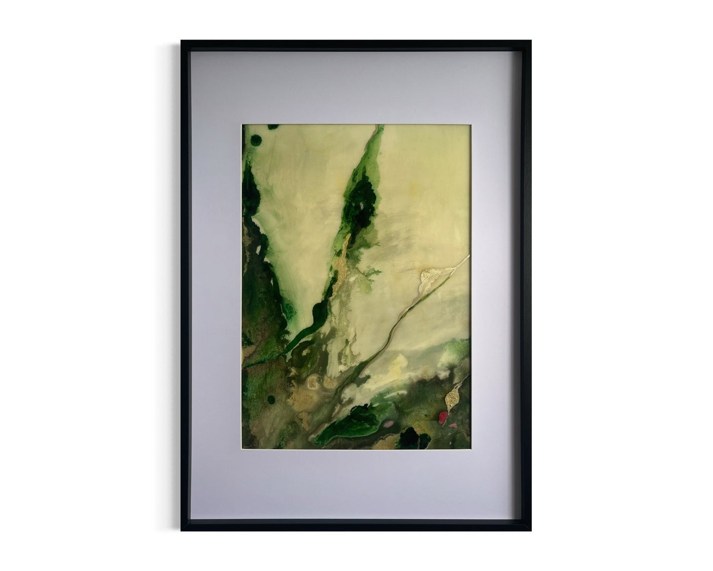 Original hand painted ink and acrylic painting on canvas of an abstract woods scene. Ink spreads across the canvas in flowing patterns, with rich greens and golds creating a dynamic, textured composition. The abstract forms suggest a forest path, evoking a sense of movement and depth.