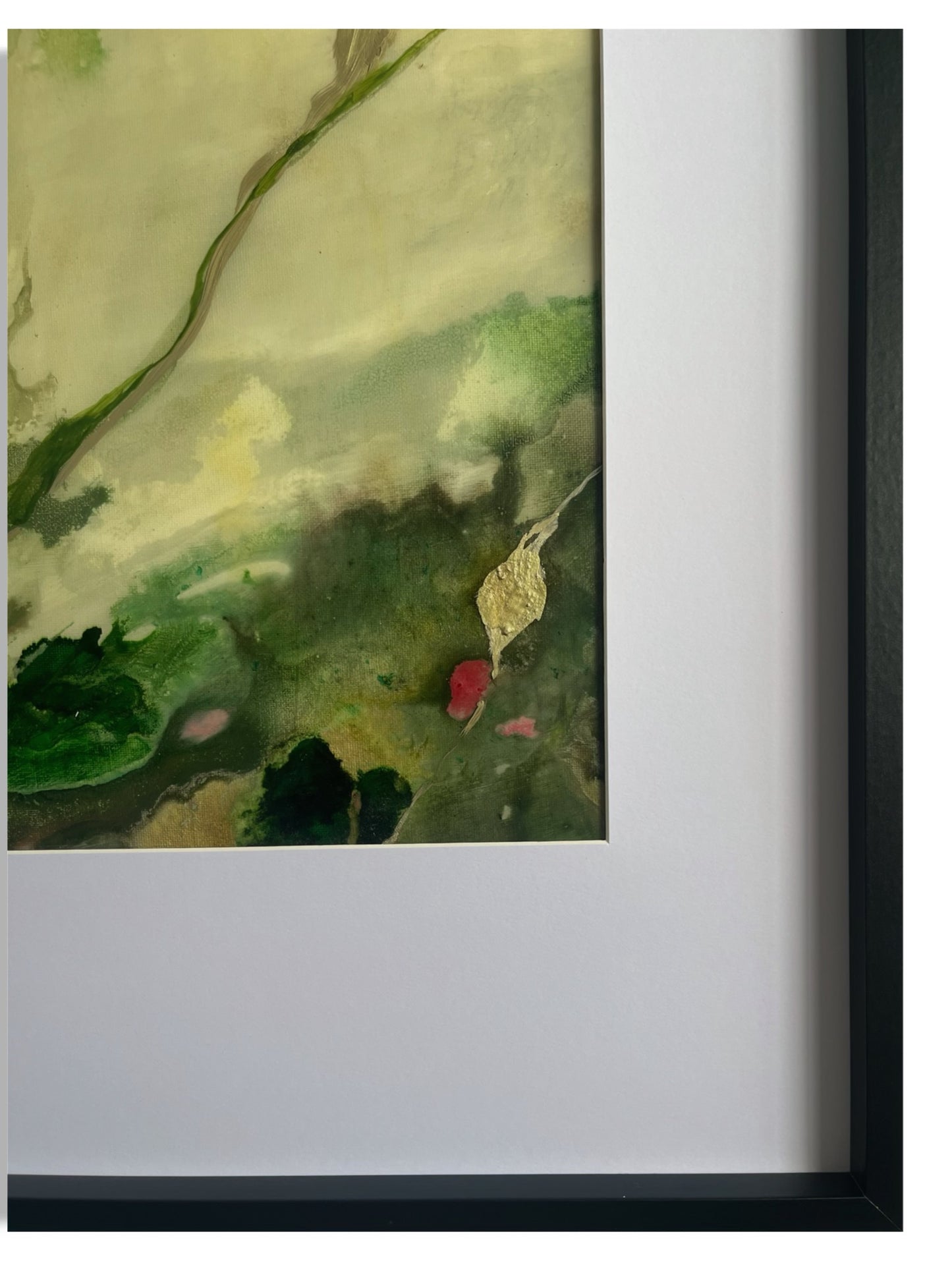 Original hand painted ink and acrylic painting on canvas of an abstract woods scene. Ink spreads across the canvas in flowing patterns, with rich greens and golds creating a dynamic, textured composition. The abstract forms suggest a forest path, evoking a sense of movement and depth close-up.