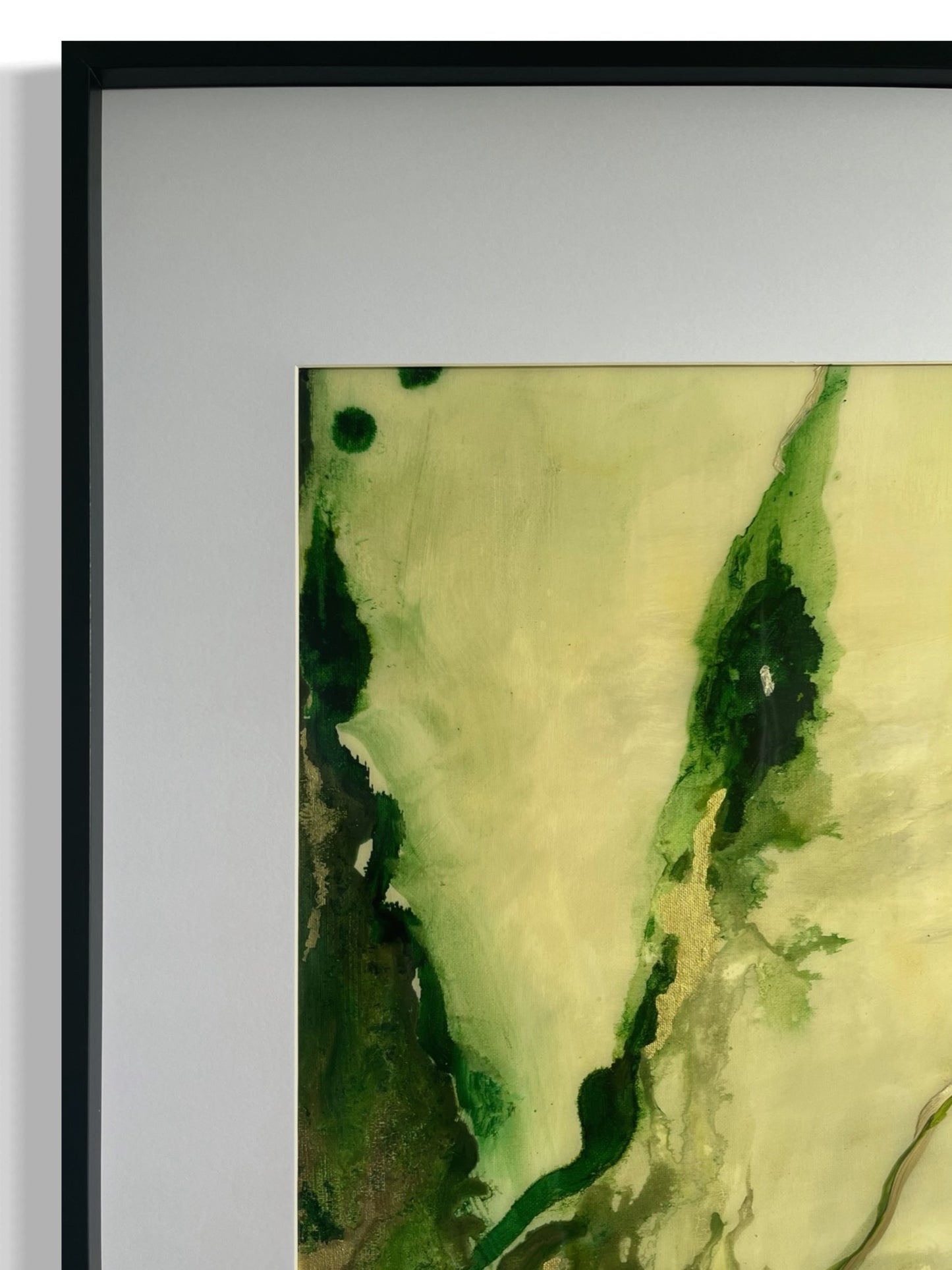Original hand painted ink and acrylic painting on canvas of an abstract woods scene. Ink spreads across the canvas in flowing patterns, with rich greens and golds creating a dynamic, textured composition. The abstract forms suggest a forest path, evoking a sense of movement and depth close-up.