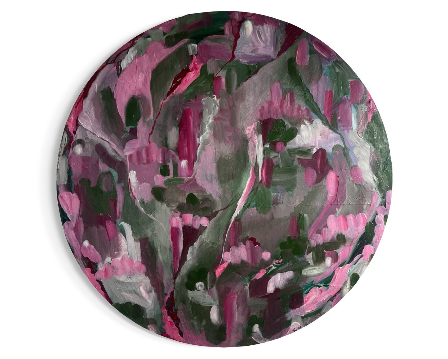 Original hand painted acrylic painting on canvas of an abstract jungle scene. Bold strokes of pinks, deep greens, and purples create a dynamic and vibrant landscape. The composition evokes the energy of the jungle through abstract forms and rich, contrasting colours.