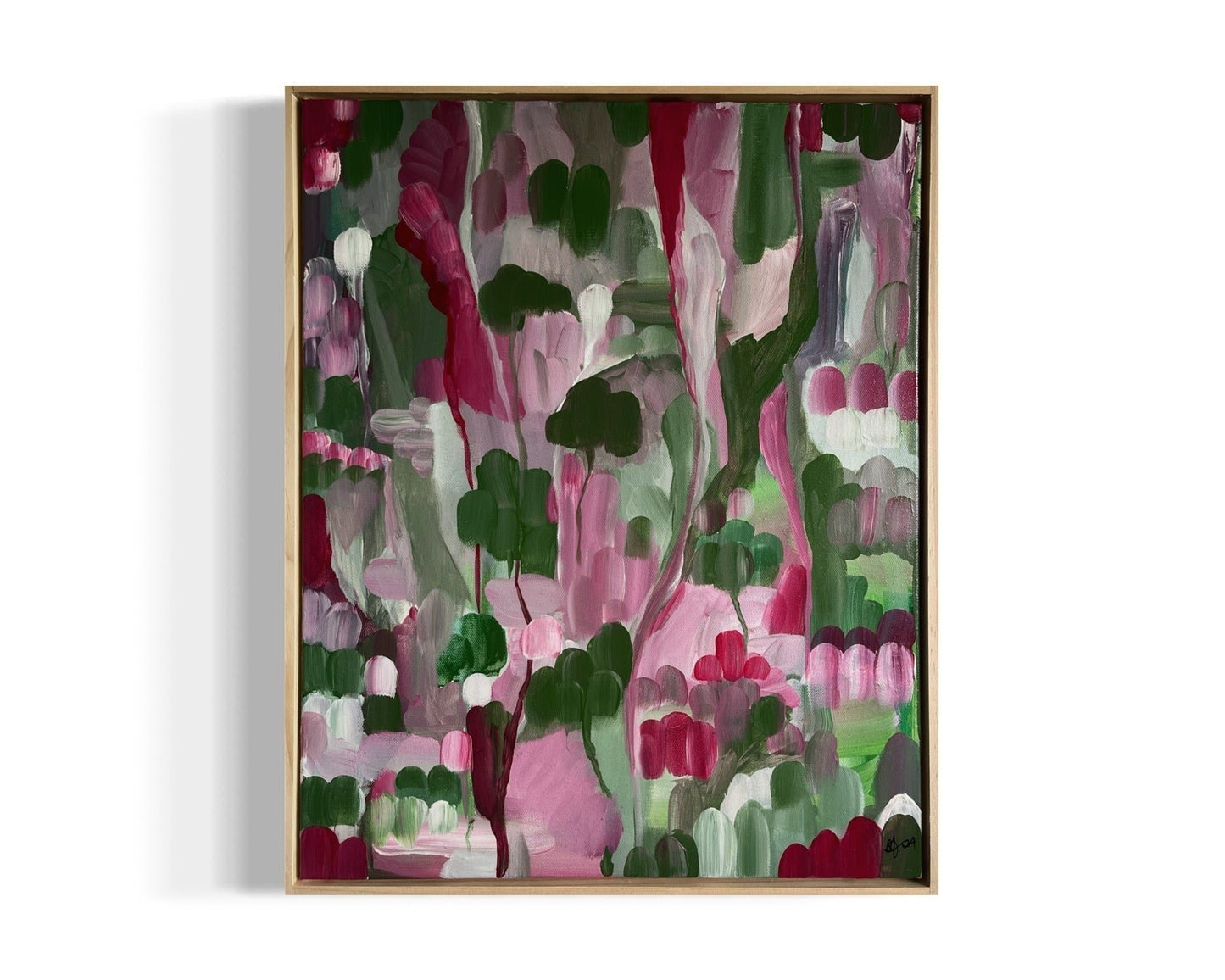 Original hand painted acrylic painting on canvas of an abstract jungle scene. Bold strokes of pinks, deep greens, and purples create a dynamic and vibrant landscape. The composition evokes the energy of the jungle through abstract forms and rich, contrasting colours.