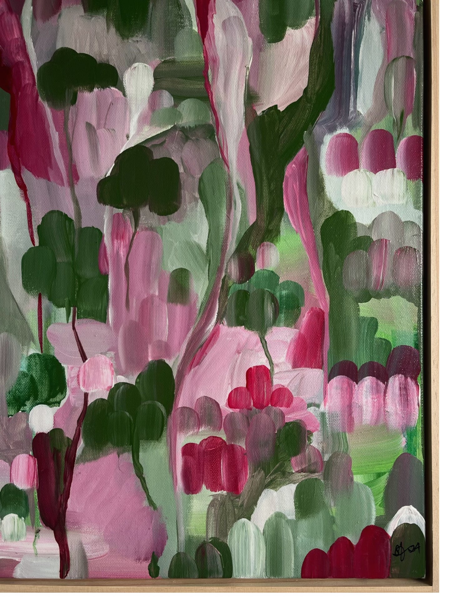 Original hand painted acrylic painting on canvas of an abstract jungle scene. Bold strokes of pinks, deep greens, and purples create a dynamic and vibrant landscape. The composition evokes the energy of the jungle through abstract forms and rich, contrasting colours close-up.
