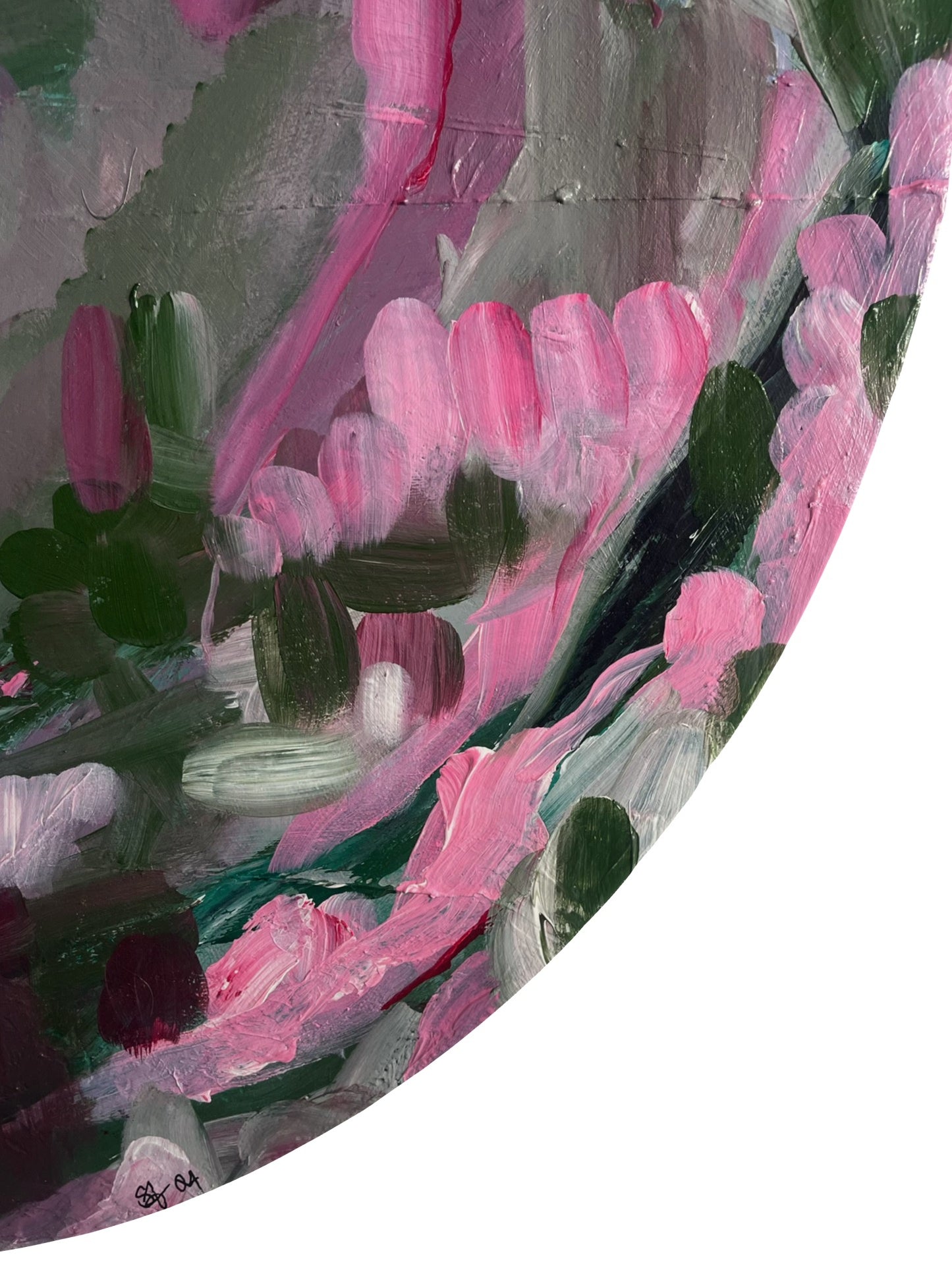 Original hand painted acrylic painting on canvas of an abstract jungle scene. Bold strokes of pinks, deep greens, and purples create a dynamic and vibrant landscape. The composition evokes the energy of the jungle through abstract forms and rich, contrasting colours close-up.