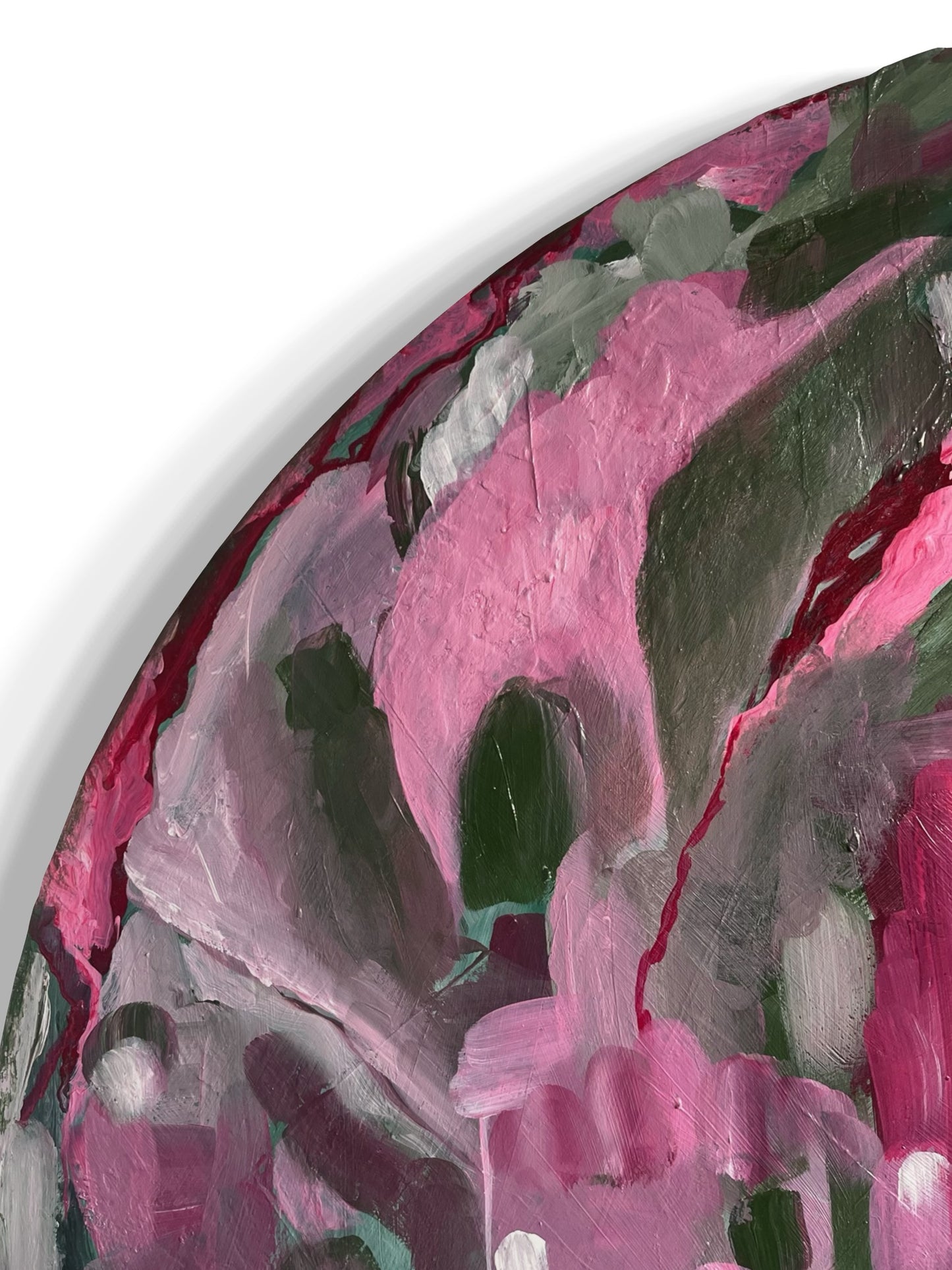 Original hand painted acrylic painting on canvas of an abstract jungle scene. Bold strokes of pinks, deep greens, and purples create a dynamic and vibrant landscape. The composition evokes the energy of the jungle through abstract forms and rich, contrasting colours close-up.