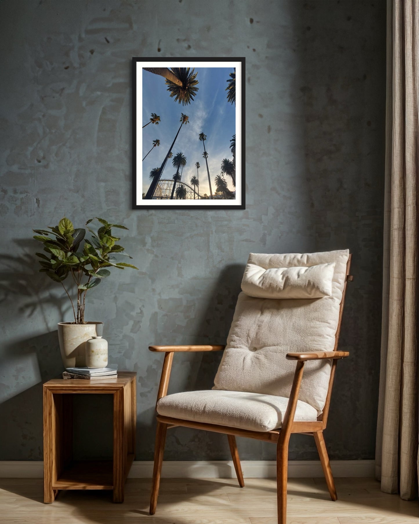 High quality print of a photograph of palm trees at Luna Park, captured with the camera pointing to the sky. The vibrant scene showcases lush palms against a bright, expansive sky, evoking a lively amusement park atmosphere. Printed on premium material for a sophisticated finish.