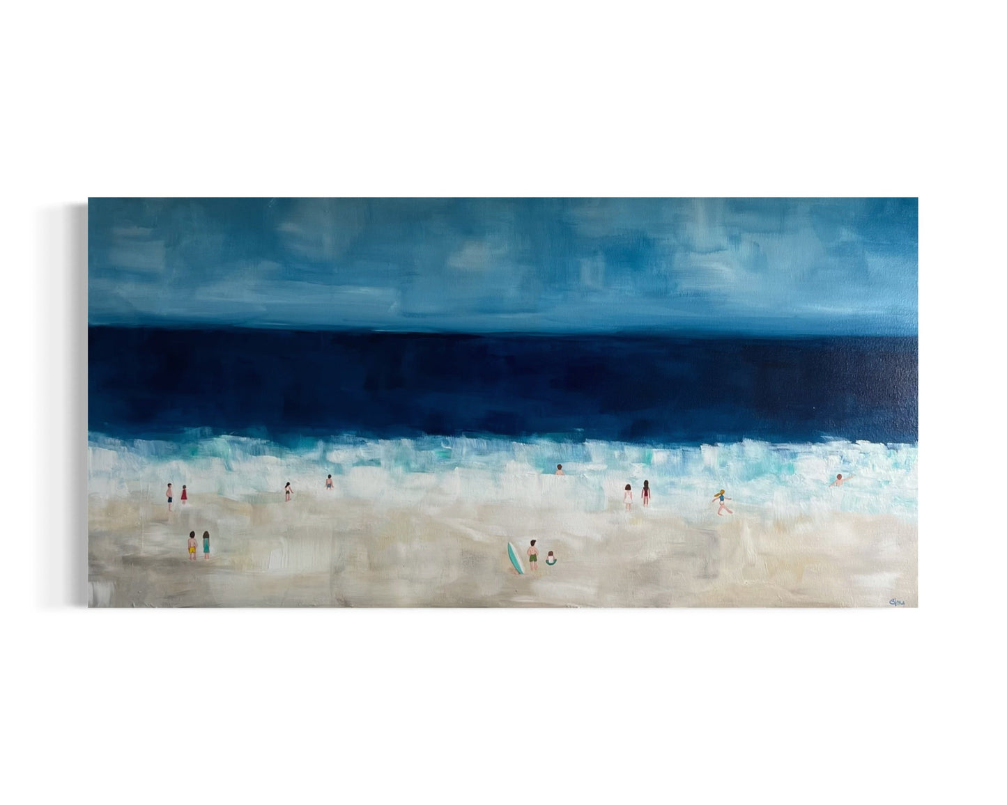 Original hand painted acrylic painting on canvas of swimmers in the deep blue ocean. The scene captures the fluid movement of the swimmers, with golden sand adding warmth to the composition. The deep blues of the water contrast with the soft, warm tones of the shore.
