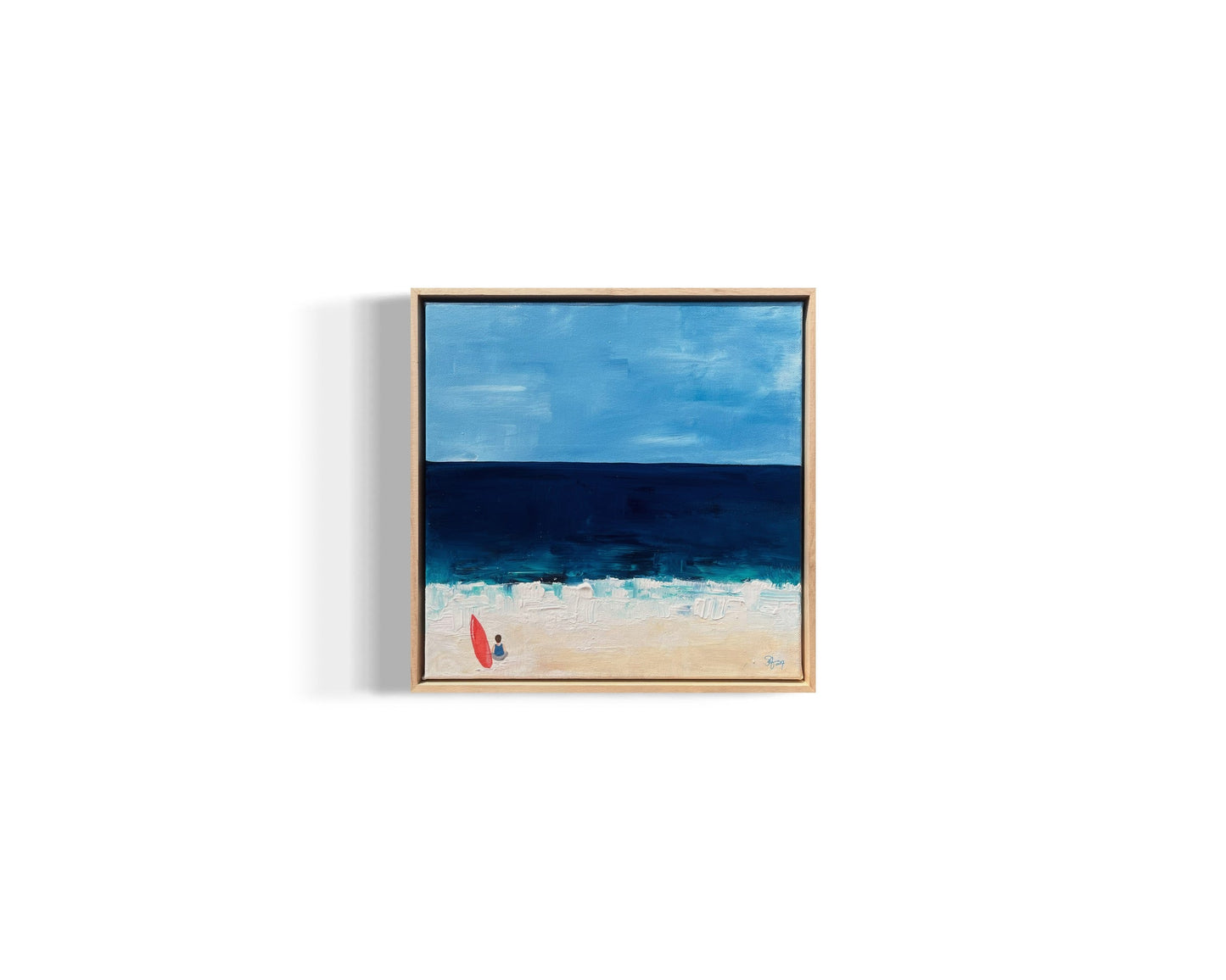 Original hand painted acrylic painting on canvas of a surfer in front of the deep blue ocean. The scene captures a surfer by his surf board, with golden sand adding warmth to the composition. The deep blues of the water contrast with the soft, warm tones of the shore.