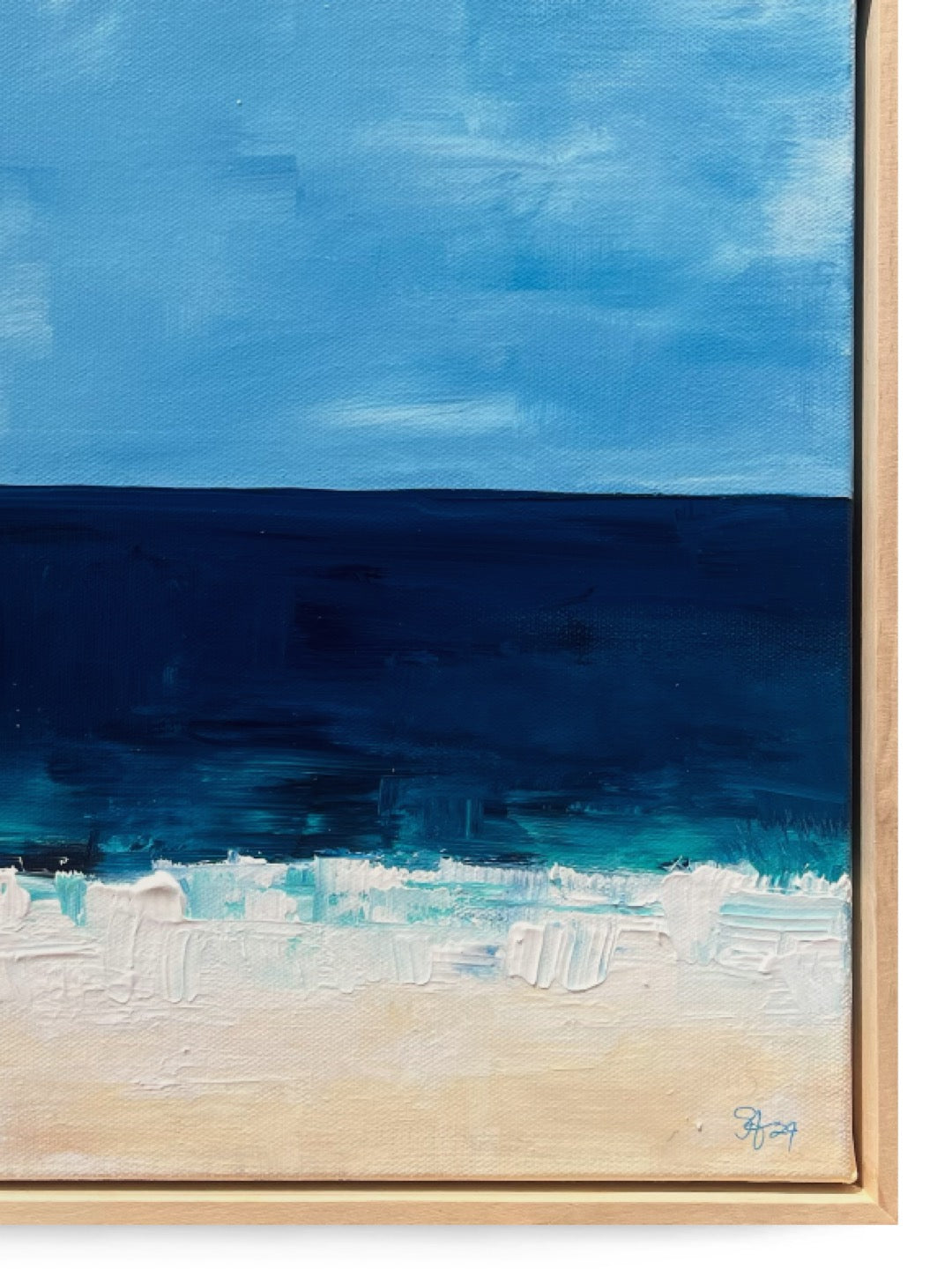 Original hand painted acrylic painting on canvas of a surfer in front of the deep blue ocean. The scene captures a surfer by his surf board, with golden sand adding warmth to the composition. The deep blues of the water contrast with the soft, warm tones of the shore close-up.