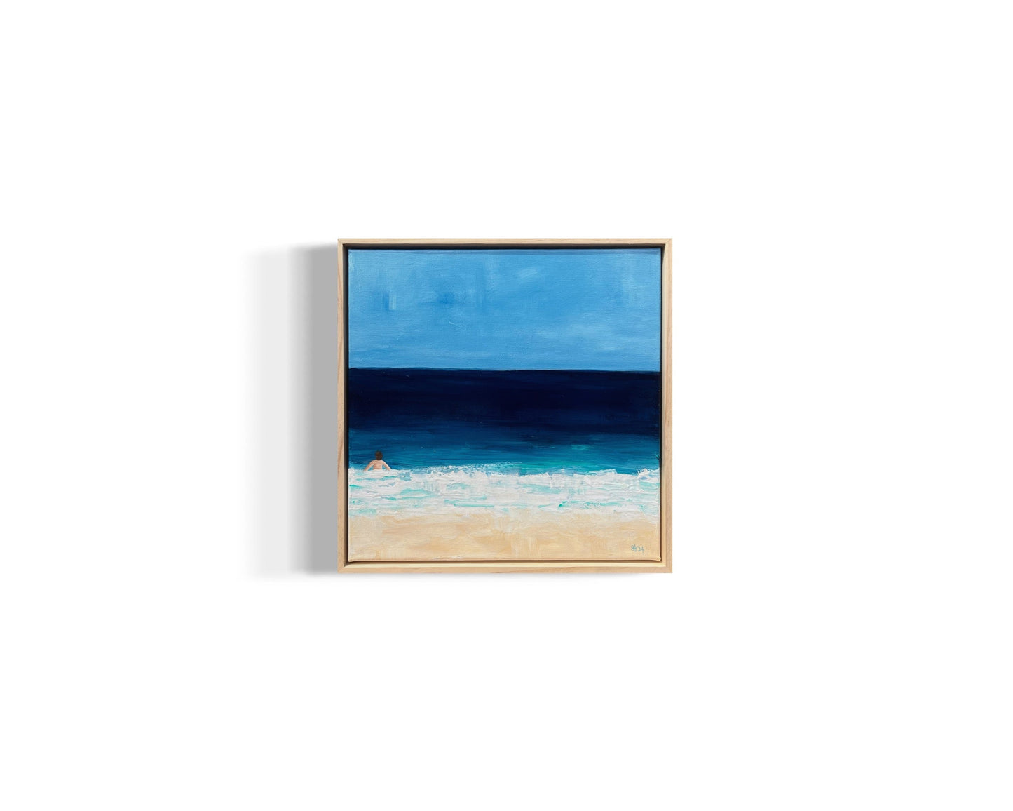 Original hand painted acrylic painting on canvas of a swimmer in the deep blue ocean. The scene captures the swimmer surrounded by water, with golden sand adding warmth to the composition. The deep blues of the water contrast with the soft, warm tones of the shore.
