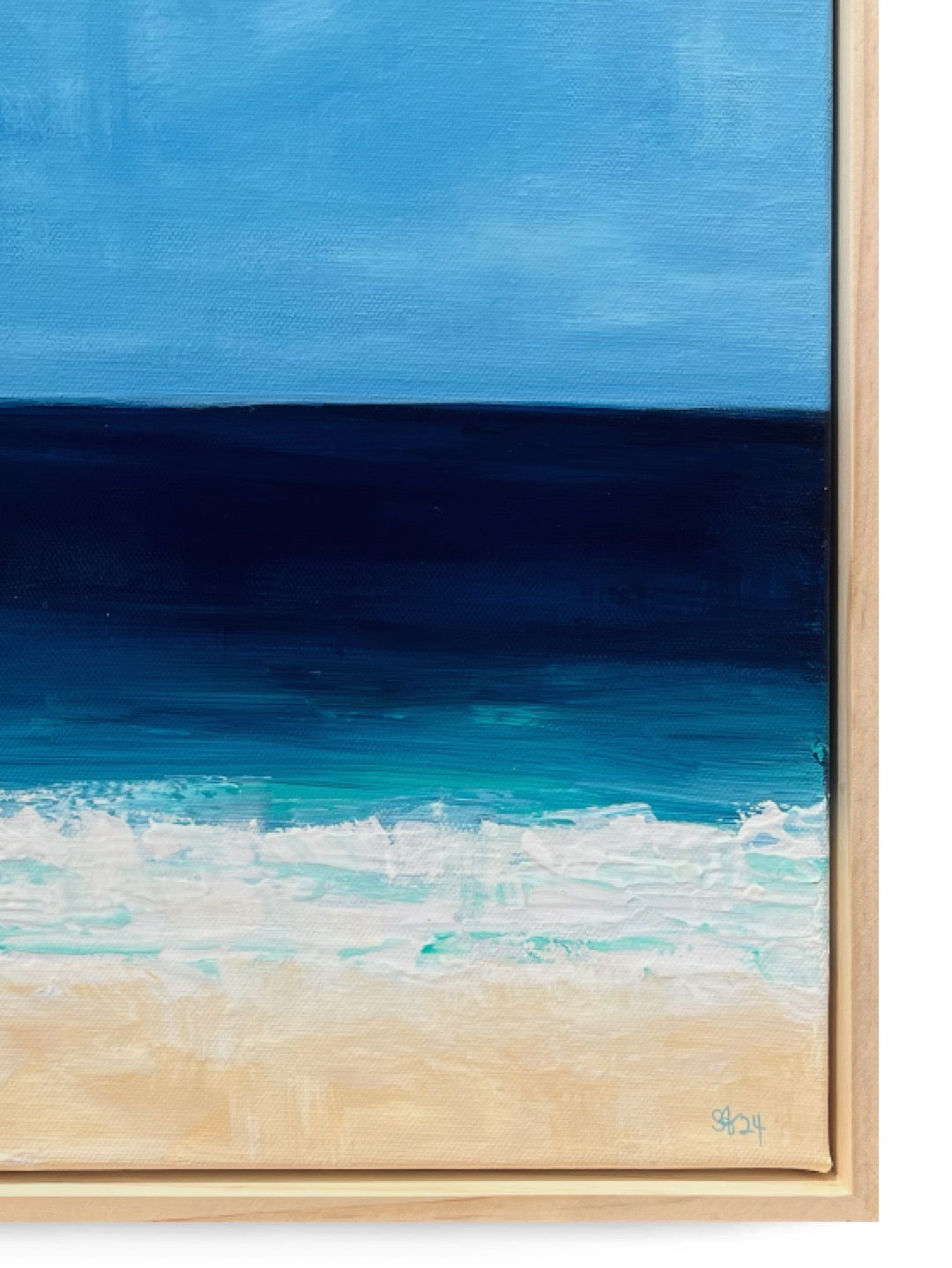 Original hand painted acrylic painting on canvas of a swimmer in the deep blue ocean. The scene captures the swimmer surrounded by water, with golden sand adding warmth to the composition. The deep blues of the water contrast with the soft, warm tones of the shore close-up.