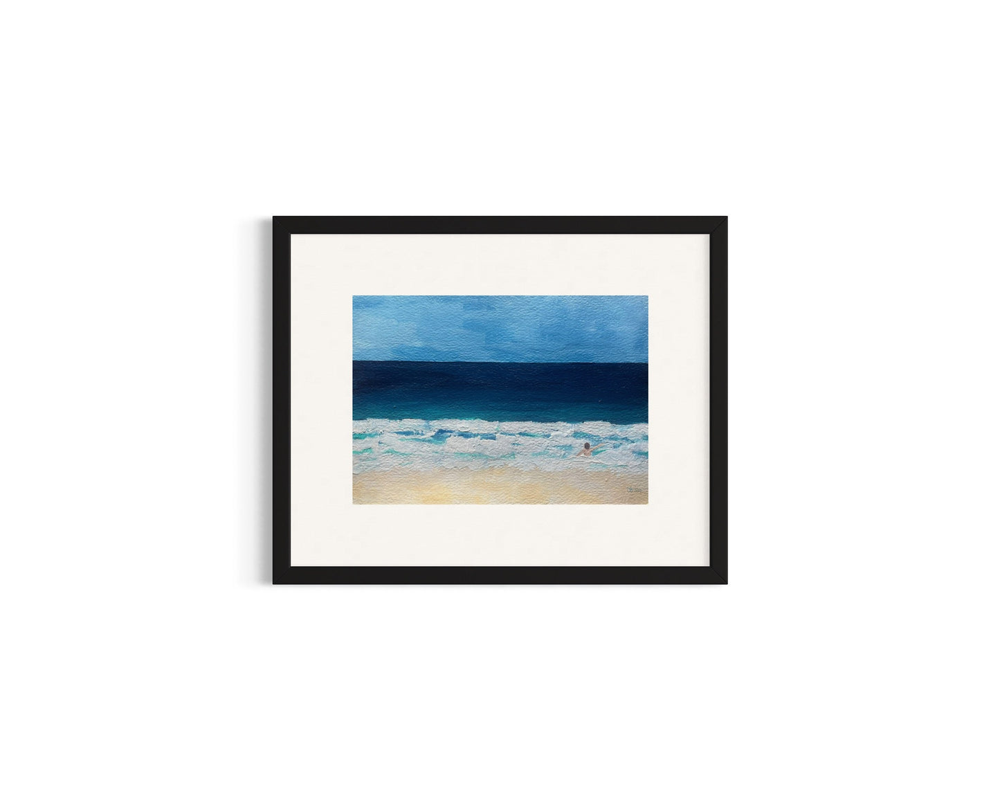 Original hand painted acrylic painting on acrylic paper of a swimmer in the deep blue ocean. The scene captures the swimmer surrounded by water, with golden sand adding warmth to the composition. The deep blues of the water contrast with the soft, warm tones of the shore.