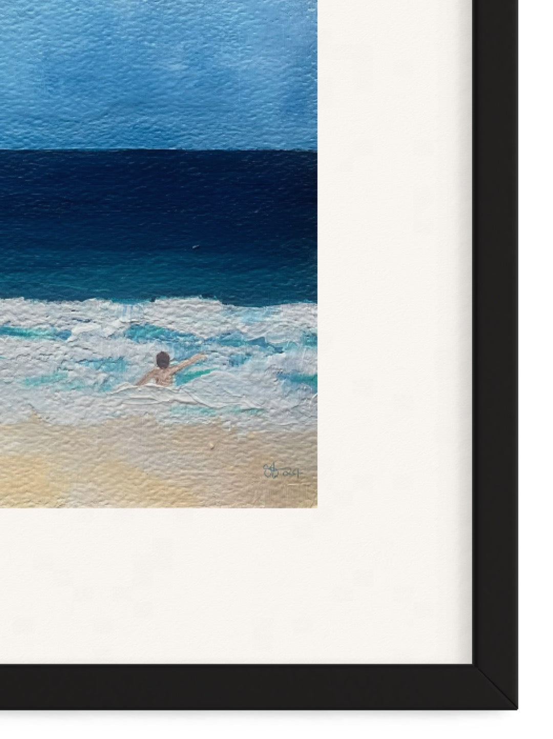 Original hand painted acrylic painting on acrylic paper of a swimmer in the deep blue ocean. The scene captures the swimmer surrounded by water, with golden sand adding warmth to the composition. The deep blues of the water contrast with the soft, warm tones of the shore close-up.