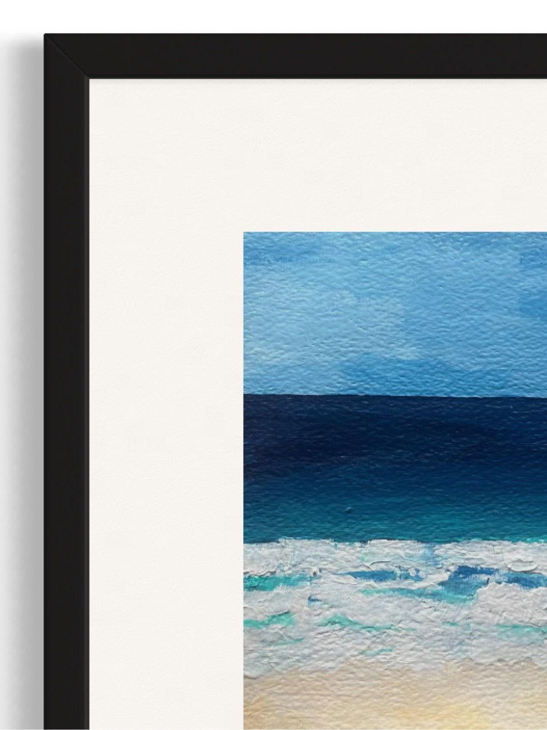 Original hand painted acrylic painting on acrylic paper of a swimmer in the deep blue ocean. The scene captures the swimmer surrounded by water, with golden sand adding warmth to the composition. The deep blues of the water contrast with the soft, warm tones of the shore close-up.