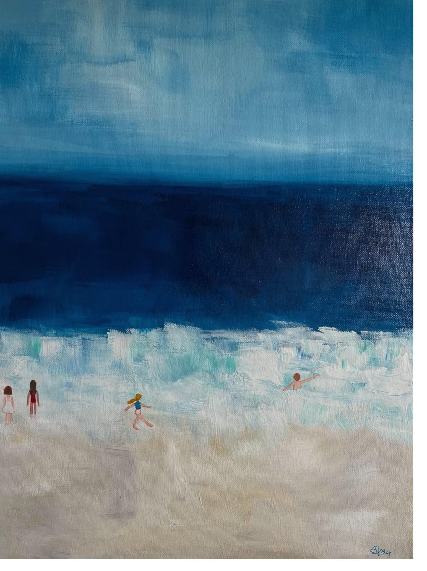 Original hand painted acrylic painting on canvas of swimmers in the deep blue ocean. The scene captures the fluid movement of the swimmers, with golden sand adding warmth to the composition. The deep blues of the water contrast with the soft, warm tones of the shore close-up.