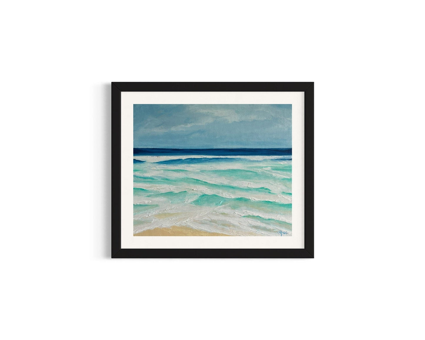 Original hand painted acrylic painting on canvas panel of the ocean off Torquay, with rolling waves crashing against the shore. The vibrant blue and green tones evoke the power and beauty of the sea, while soft whites capture the foam and movement of the water, set against a tranquil coastal sky.