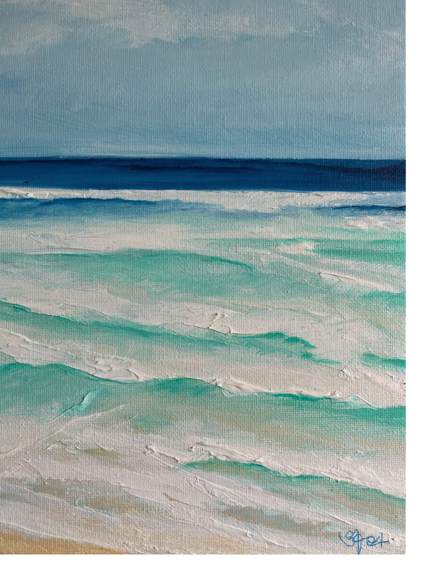 Original hand painted acrylic painting on canvas panel of the ocean off Torquay, with rolling waves crashing against the shore. The vibrant blue and green tones evoke the power and beauty of the sea, while soft whites capture the foam and movement of the water, set against a tranquil coastal sky close-up.