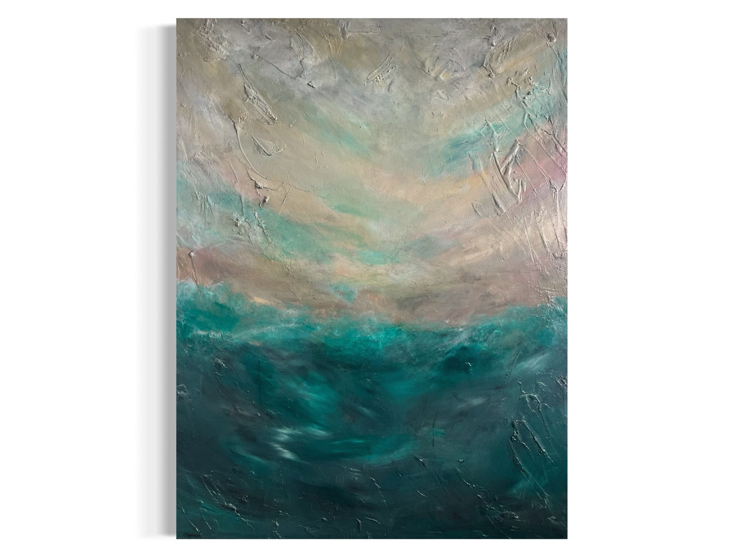 Wild ocean - Abstract painting of a wild ocean, with crashing waves in deep blues and foamy whites, creating a sense of movement and power. The tumultuous water swirls against a dark, stormy sky, evoking an intense and dramatic atmosphere