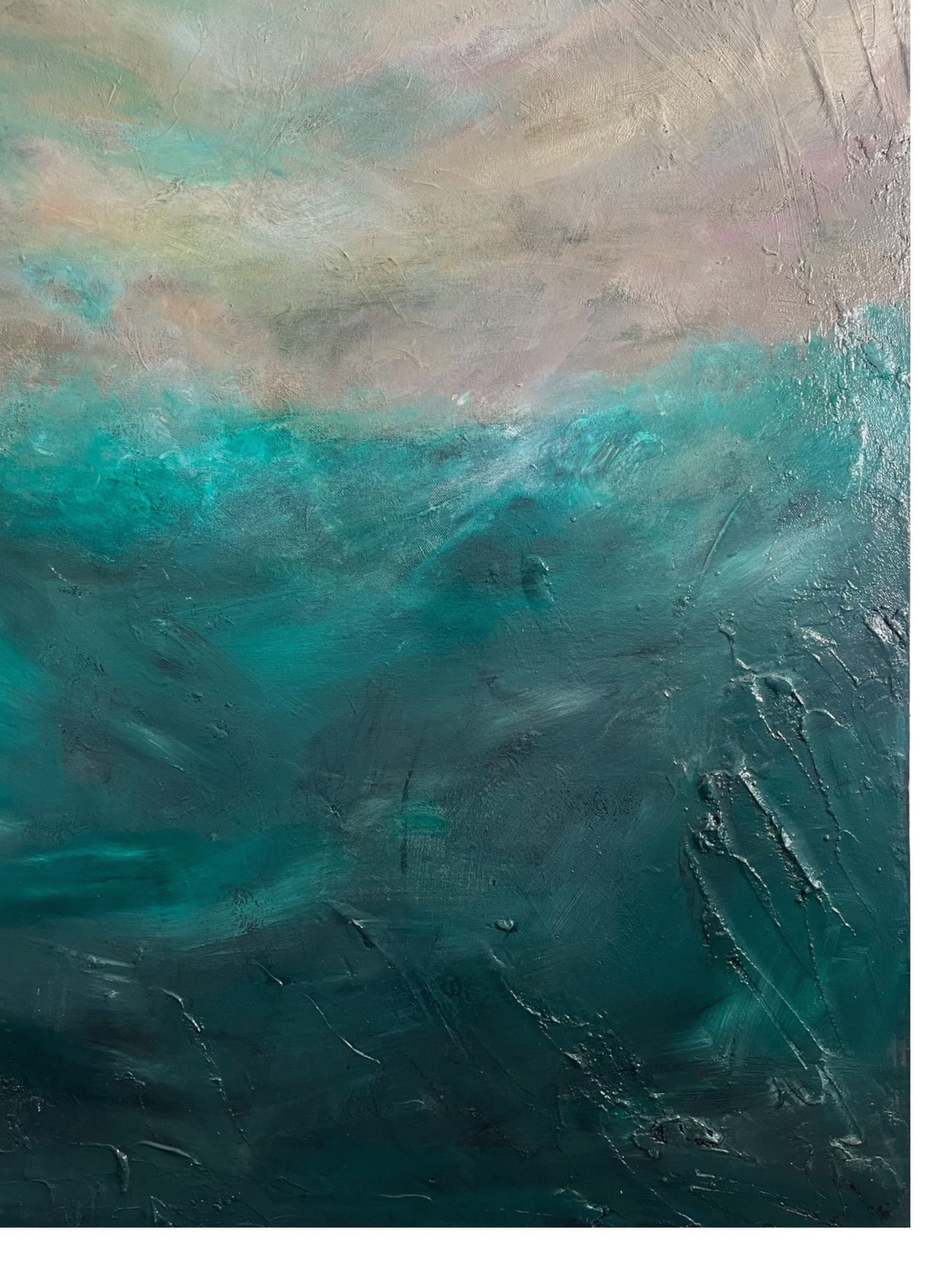 Wild ocean - Abstract painting of a wild ocean, with crashing waves in deep blues and foamy whites, creating a sense of movement and power. The tumultuous water swirls against a dark, stormy sky, evoking an intense and dramatic atmosphere close-up