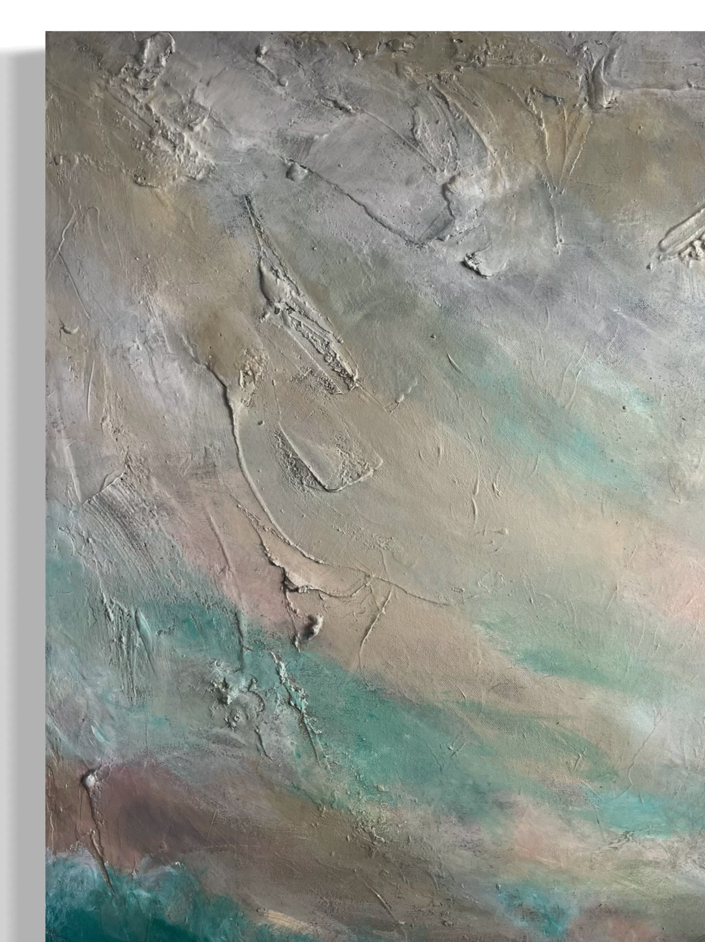 Wild ocean - Abstract painting of a wild ocean, with crashing waves in deep blues and foamy whites, creating a sense of movement and power. The tumultuous water swirls against a dark, stormy sky, evoking an intense and dramatic atmosphere close-up