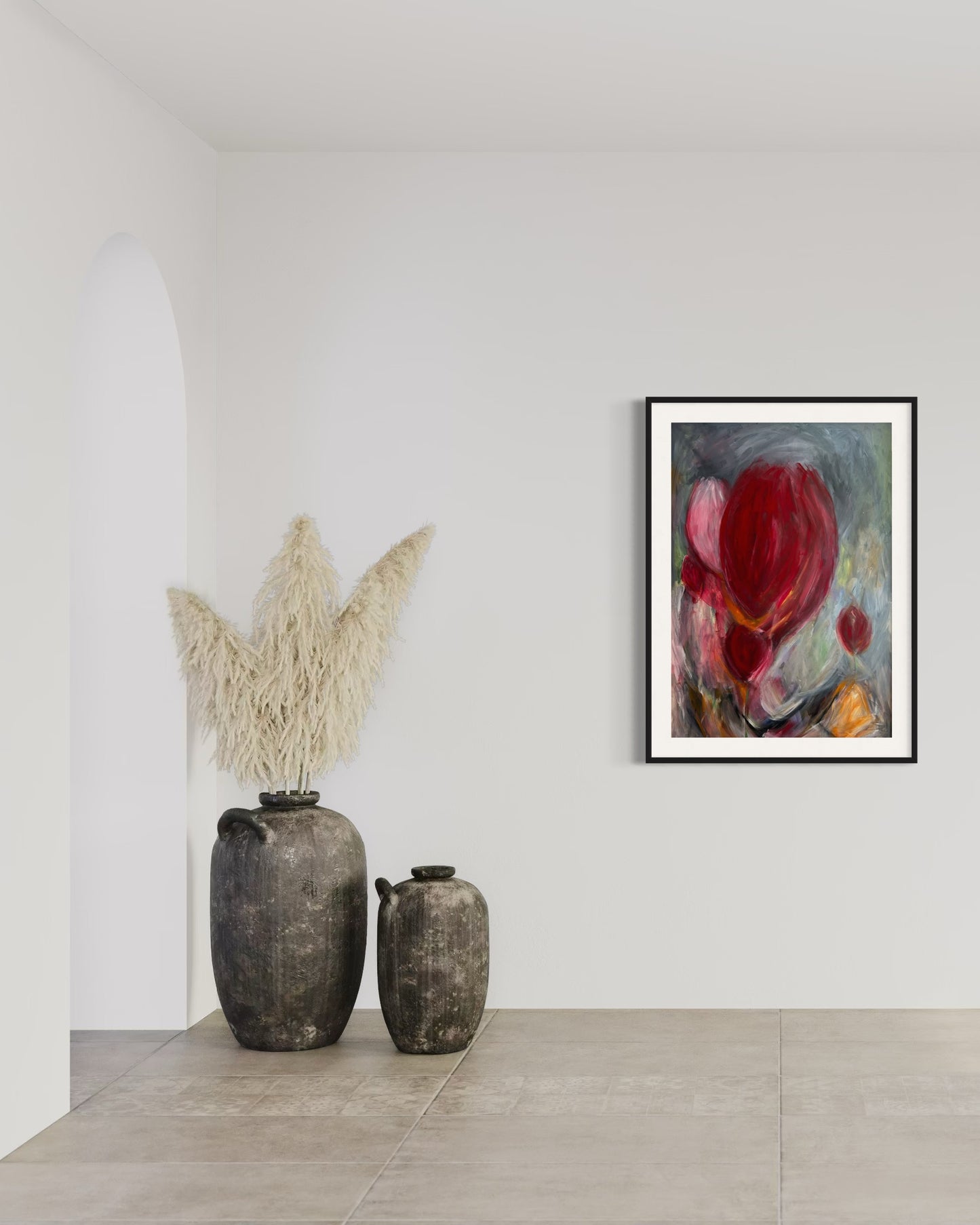High quality print of an original abstract artwork featuring vibrant tulips. Bold strokes of colour in vibrant reds, pinks, and yellows blend with soft, flowing forms, evoking the energy and beauty of the flowers in a dynamic and modern composition.