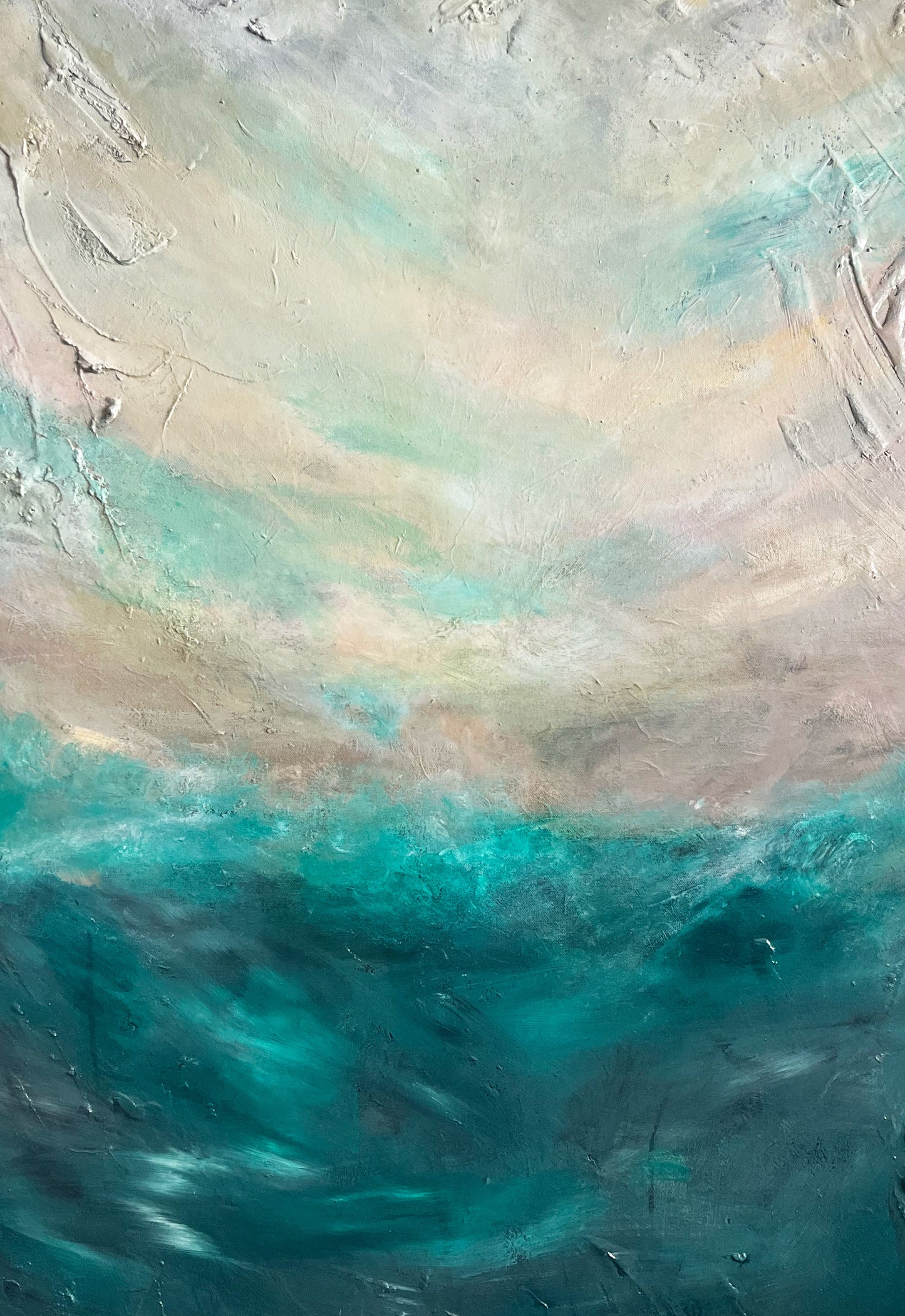 High quality print of an abstract acrylic and plaster painting of a wild ocean. Deep blues and foamy whites depict crashing waves, creating movement and power. The tumultuous water swirls against a dark, stormy sky, evoking an intense and dramatic atmosphere.