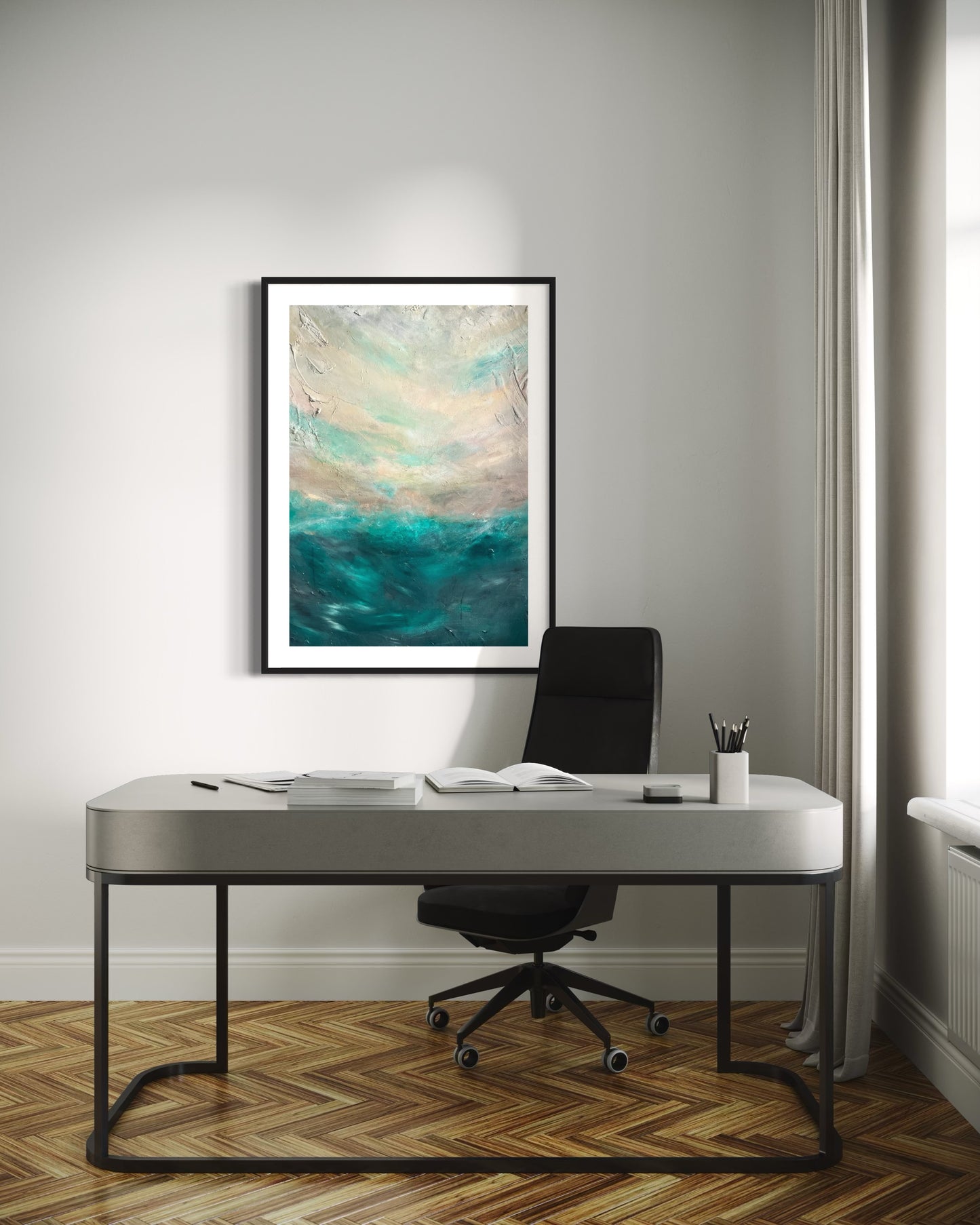 High quality print of an abstract acrylic and plaster painting of a wild ocean. Deep blues and foamy whites depict crashing waves, creating movement and power. The tumultuous water swirls against a dark, stormy sky, evoking an intense and dramatic atmosphere.
