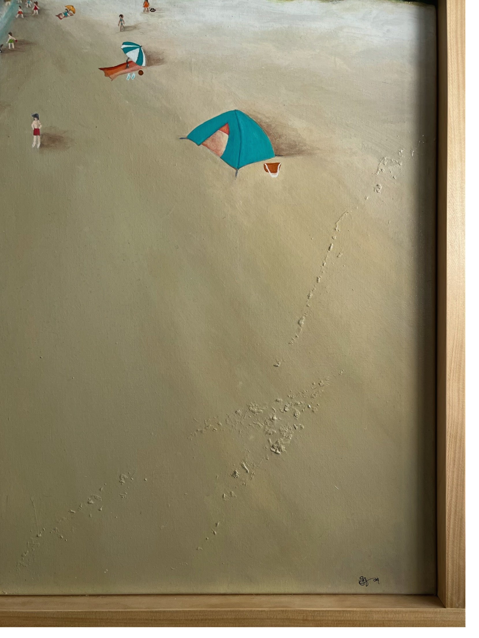 Original acrylic painting on canvas of a beachwalk through Torquay, with swimmers in the clear water and others relaxing on the sandy shore. The scene captures the tranquil coastal atmosphere, with soft waves and a warm, sunlit setting. The artwork is framed with a natural pine timber border close-up.