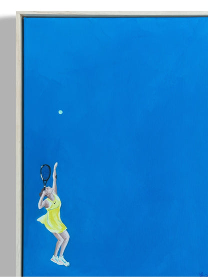 Acrylic painting on canvas depicting Aryna Sabalenka serving a tennis ball during a match at the Australian Open. She is captured mid-motion, poised and focused, with her left hand throwing  the ball and her racket raised in preparation to strike. The vivid blue court beneath her adds a sense of energy and focus to the action close-up.
