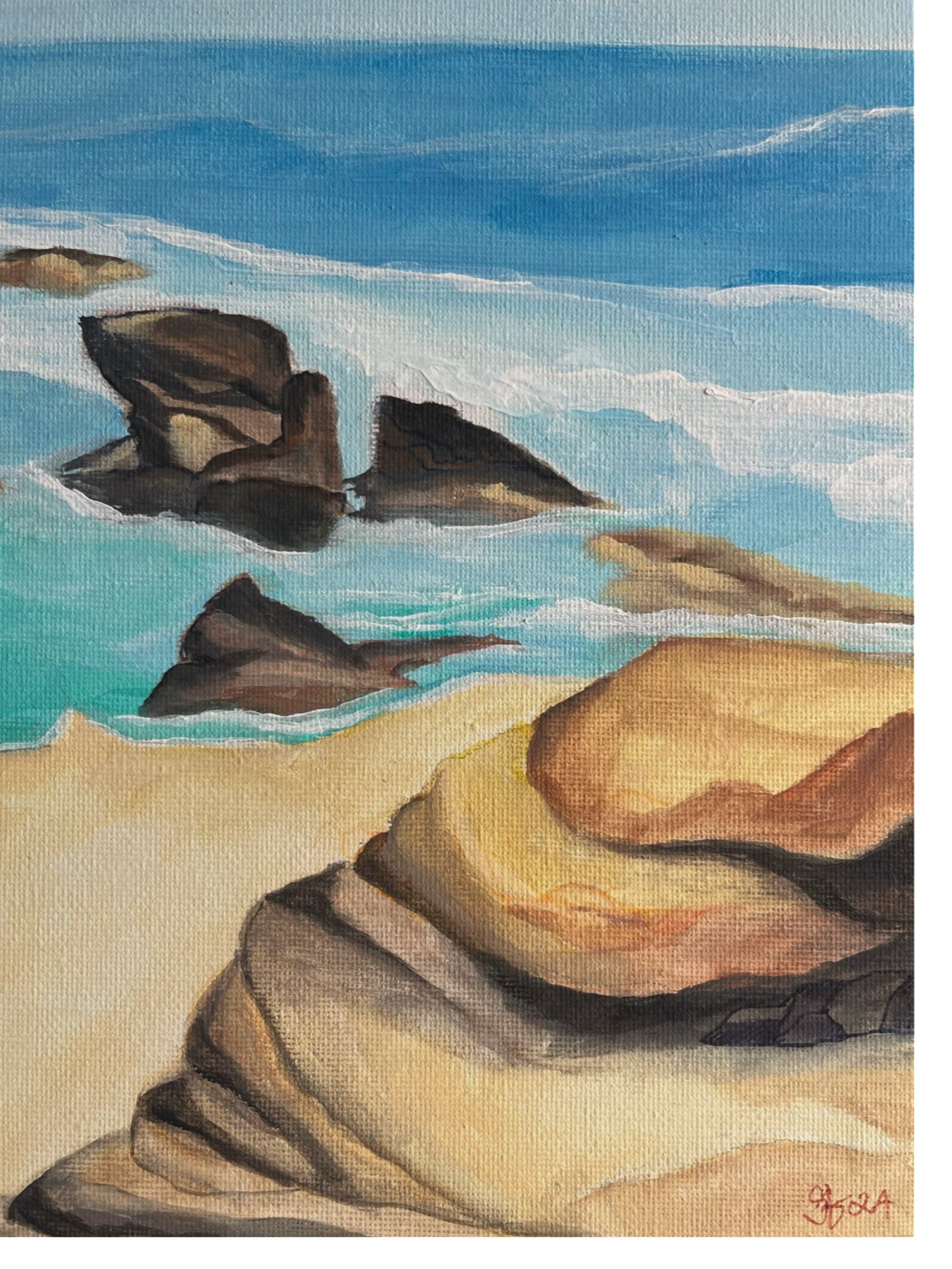 Original hand painted acrylic and watercolour painting on canvas panel of a dramatic cliffside in Torquay. The towering cliffs rise against a vast sky, with rugged textures and earthy tones, capturing the natural beauty and power of the coastal landscape close-up.
