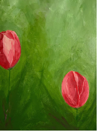 Original hand painted abstract artwork of a field of tulips, with bold strokes of red and pink flowers set against a vibrant green background. The dynamic composition captures the energy and beauty of the flowers through expressive shapes and vivid colours close-up.
