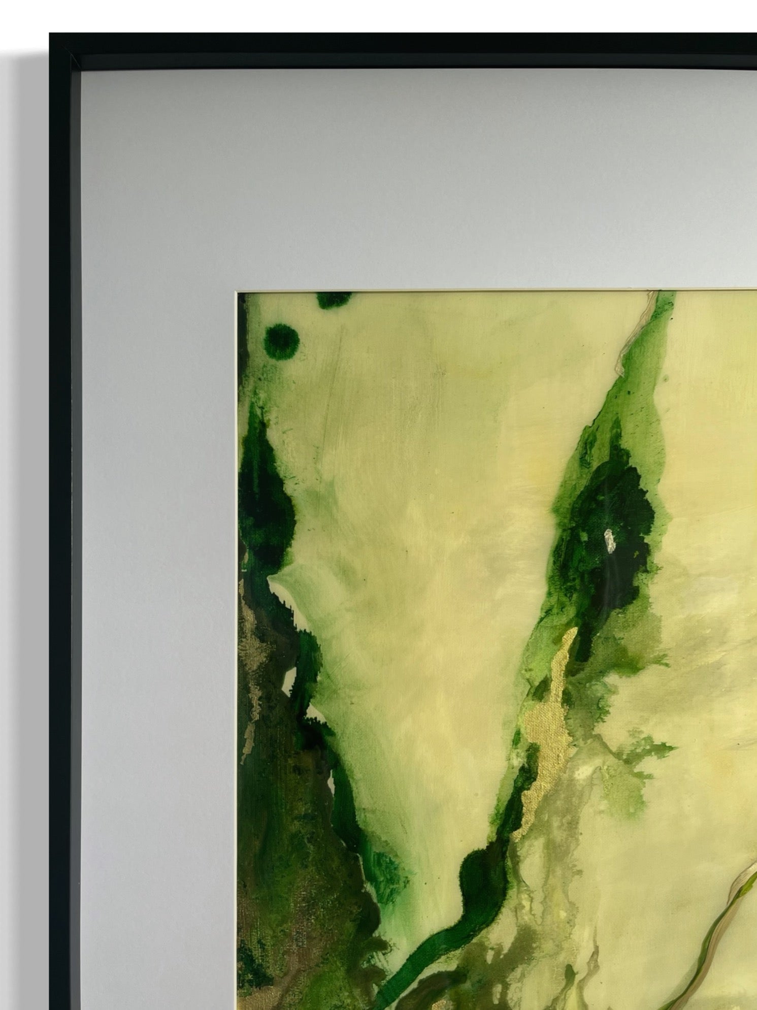 Original hand painted ink and acrylic painting on canvas of an abstract woods scene. Ink spreads across the canvas in flowing patterns, with rich greens and golds creating a dynamic, textured composition. The abstract forms suggest a forest path, evoking a sense of movement and depth close-up.