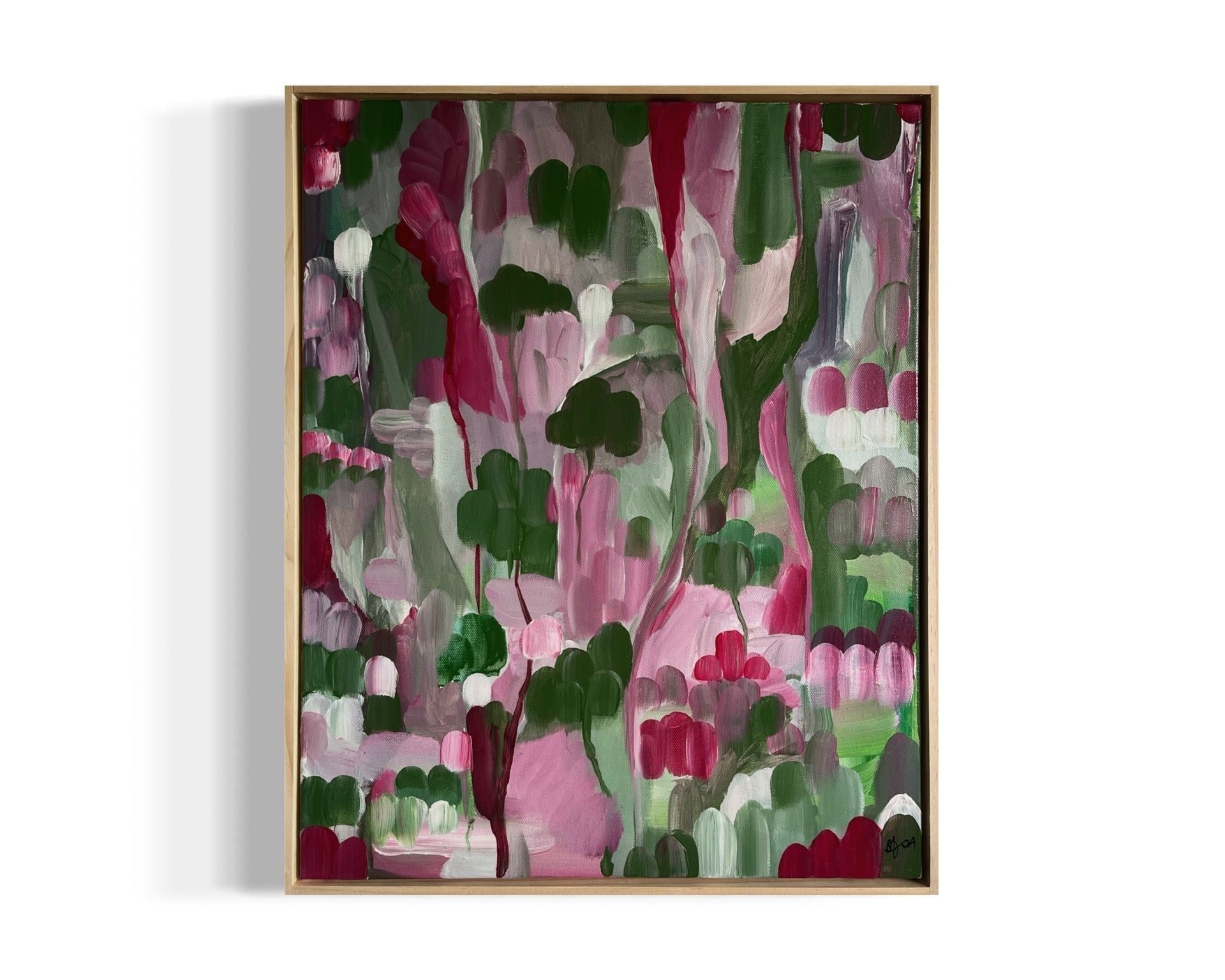 Original hand painted acrylic painting on canvas of an abstract jungle scene. Bold strokes of pinks, deep greens, and purples create a dynamic and vibrant landscape. The composition evokes the energy of the jungle through abstract forms and rich, contrasting colours.