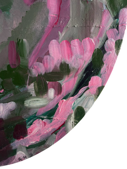 Original hand painted acrylic painting on canvas of an abstract jungle scene. Bold strokes of pinks, deep greens, and purples create a dynamic and vibrant landscape. The composition evokes the energy of the jungle through abstract forms and rich, contrasting colours close-up.